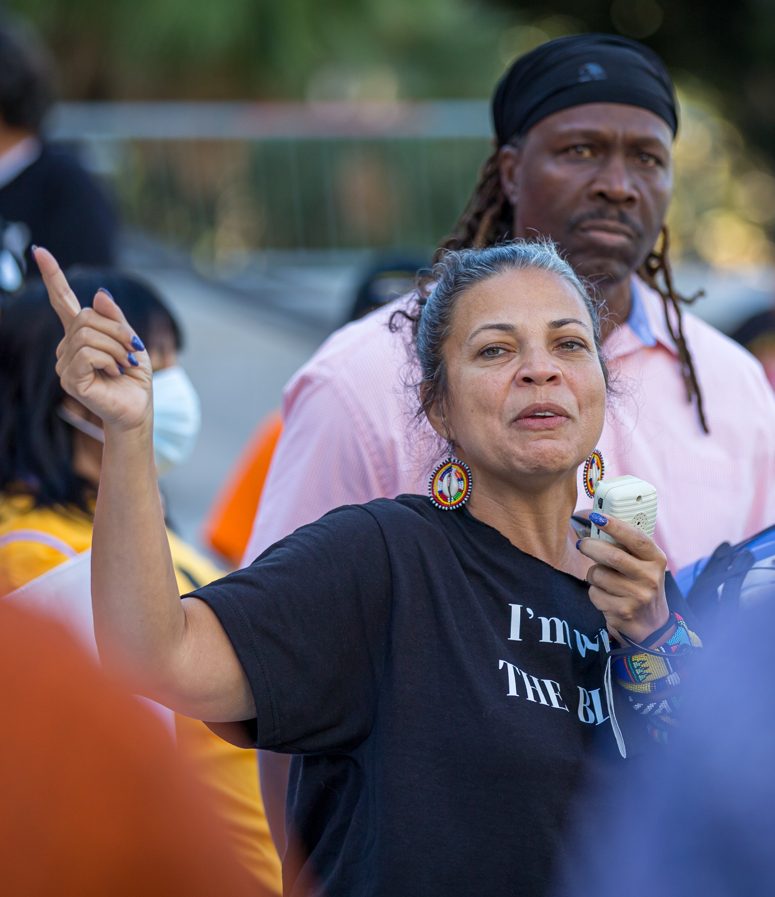  Guest speaker Melina Abdullah, American academic and civic leader, speaking to the protesters who are there calling for the resignation of Kevin De Leon after racist remarks were made in a leaked audio on Tuesday, Oct. 18 at Los Angeles, Calif. (Dan