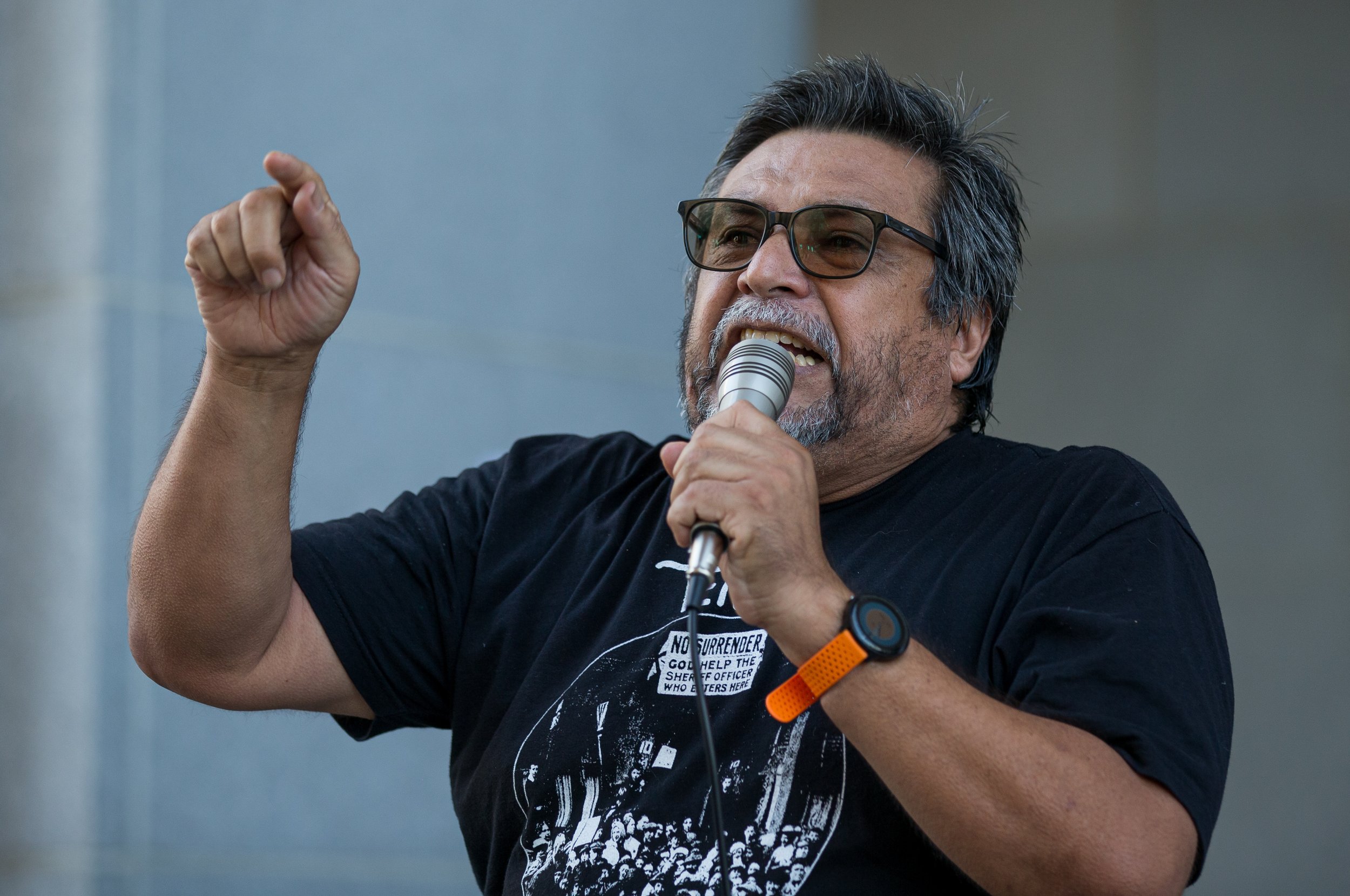  Leonardo Vilchis volunteered to speak to the protesters outside the Los Angeles City Hall calling for Kevin De Leon to resign from the L.A. council after racist remarks were made in an audio that was leaked which also included Gil Cedillo and Nury M