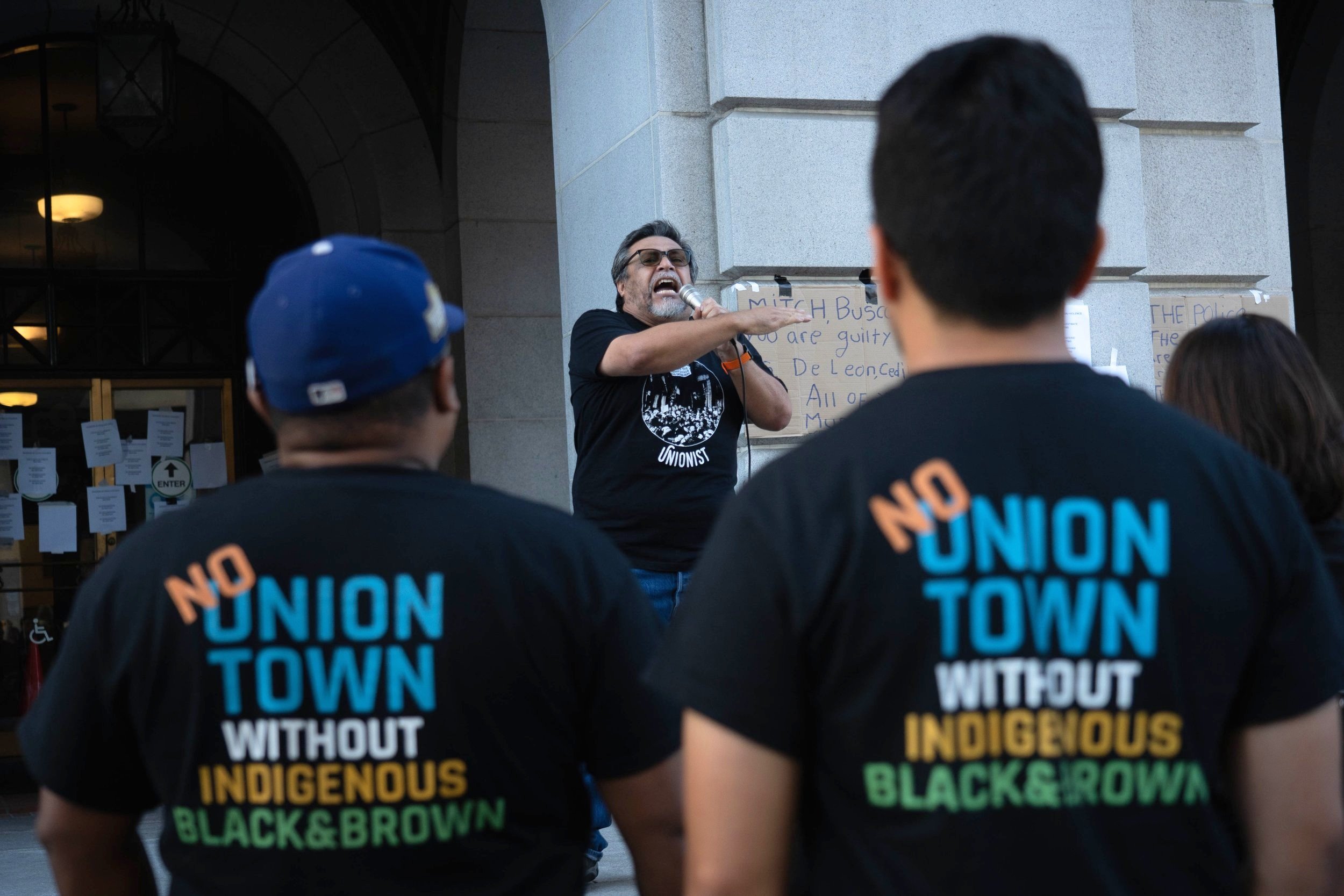  Leonardo Vilchis rallies protestors at the entrance of Los Angeles City Hall during a protest against the City Council Tuesday, Oct 18 2022. Multiple activist organizations are demanding the resignation of council members caught making racially char