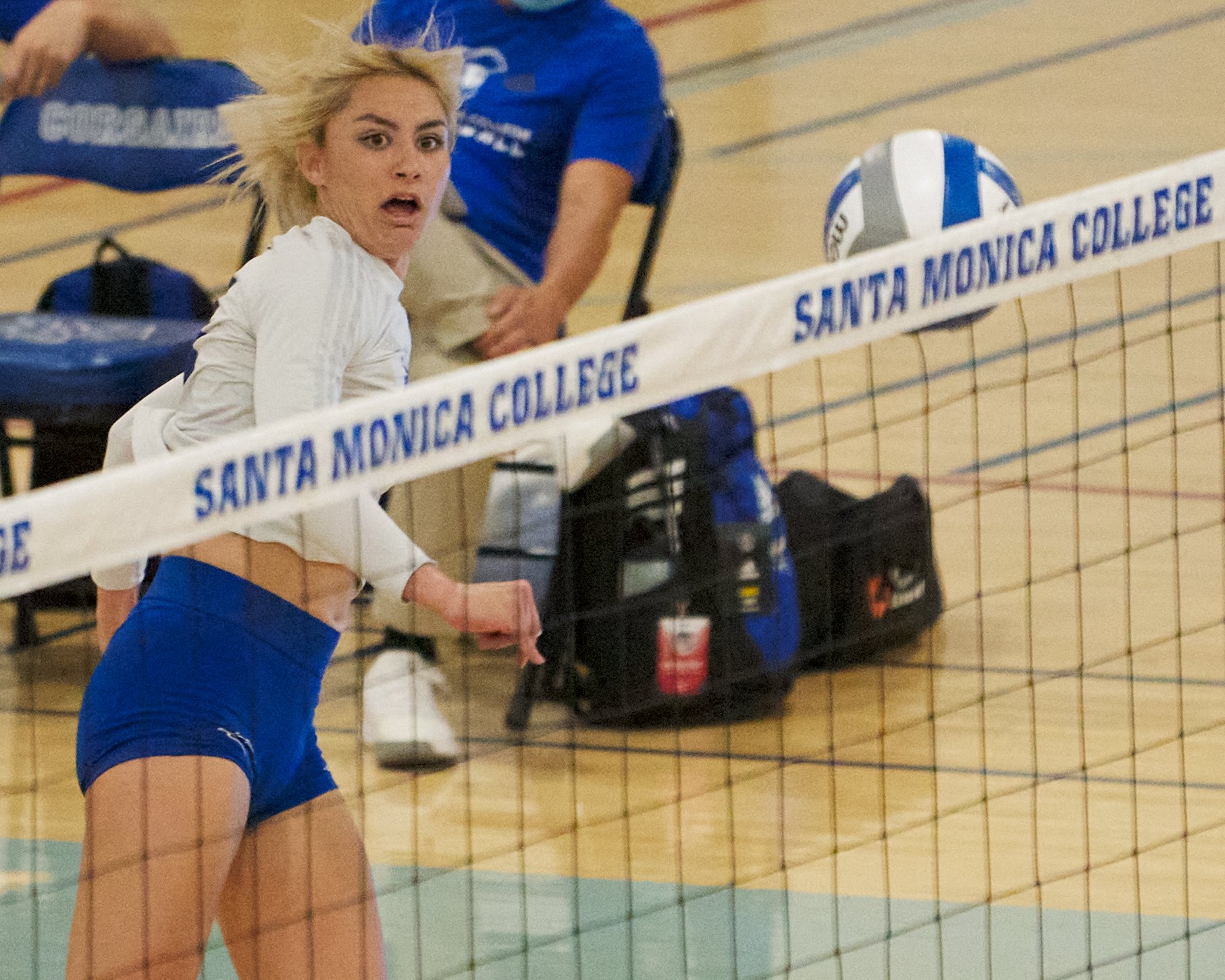  Santa Monica College Corsairs' Scheala Nielsen hits the ball, and then the net, during the women's volleyball match against the Citrus College Owls on Wednesday, Oct. 19, 2022, at Corsair Gym in Santa Monica, Calif. The Corsairs won 3-2. (Nicholas M