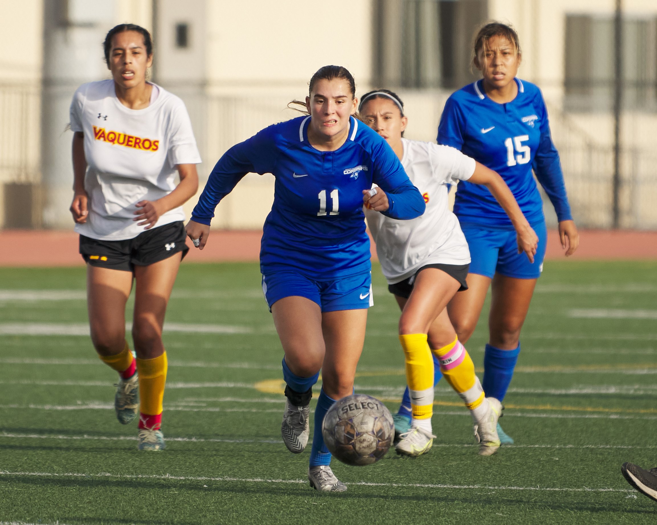  Santa Monica College Corsairs' Eden Bechnainou (center) and Jacky Hernandez (right), and Glendale Community College Vaqueros' Stephanie Portillo (left) and Isabel Moran (center right) during the women's soccer match on Friday, Oct. 21, 2022, at Cors