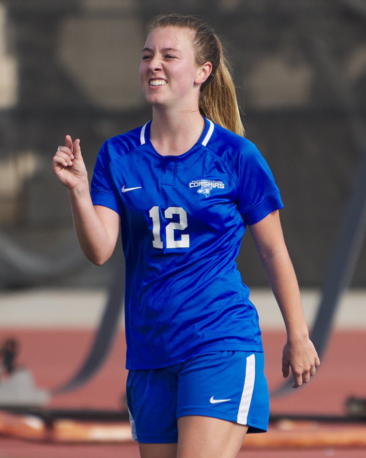  Santa Monica College Corsairs' Eden Hotch shows by how much her shot missed the goal during the women's soccer match against the Glendale Community College Vaqueros on Friday, Oct. 21, 2022, at Corsair Field in Santa Monica, Calif. The Corsairs won 