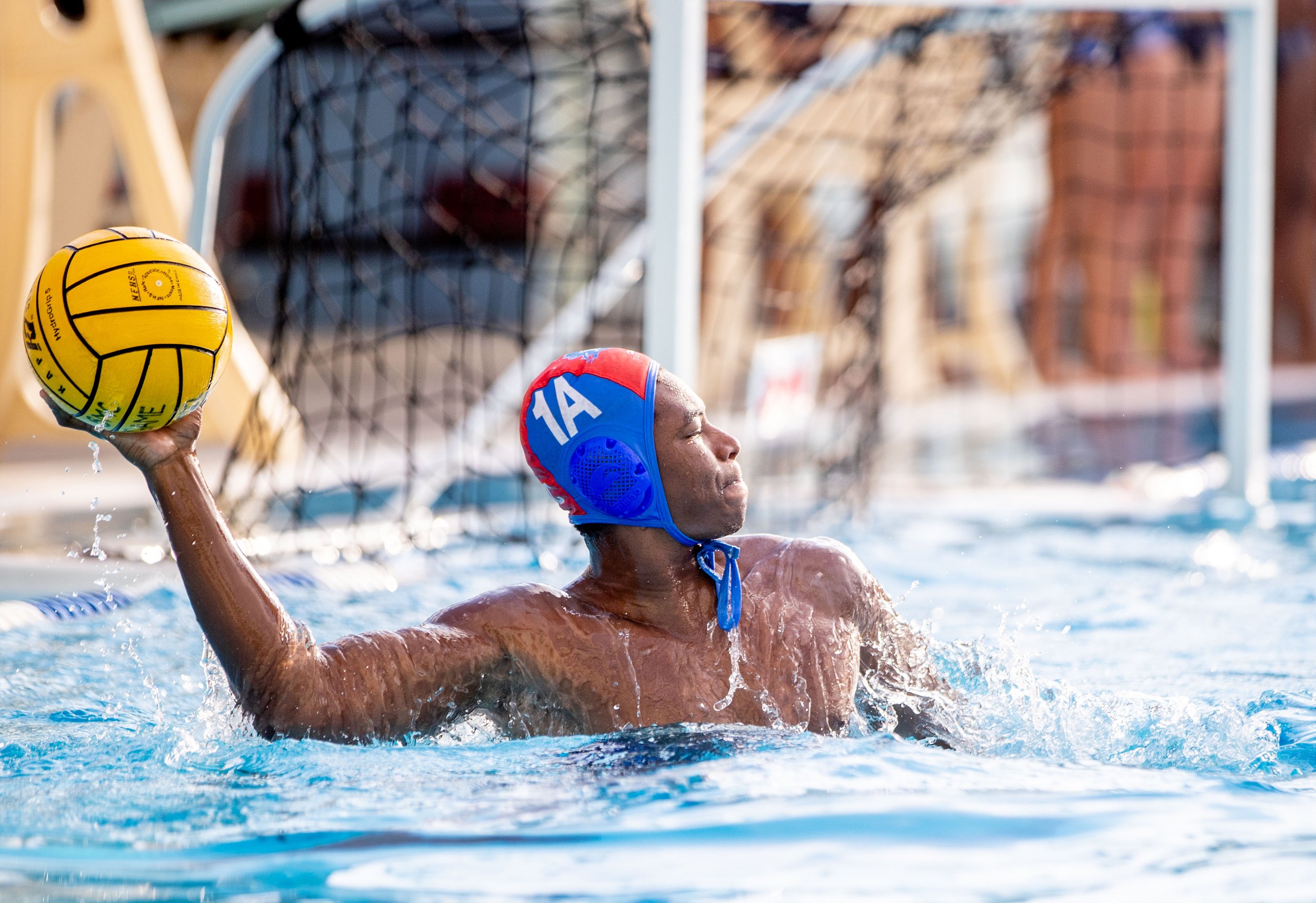  Santa Monica College goalie Nolan McBride (1A) defends the goal during a waterpolo game against San Diego Mesa in Santa Monica, Calif., on Friday, Oct. 21, 2022. (Ethan Swope | The Corsair)   