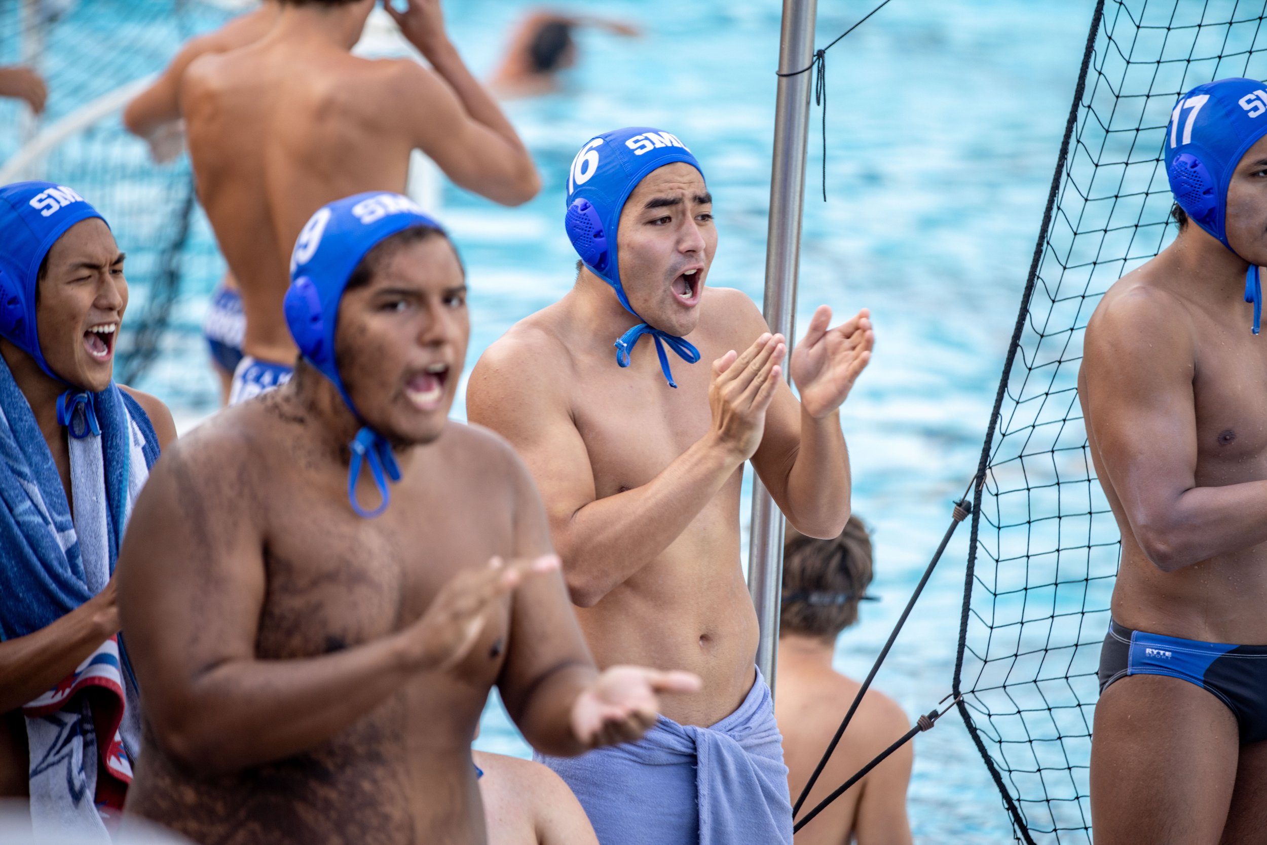  Santa Monica College players cheer during a waterpolo game against San Diego Mesa in Santa Monica, Calif., on Friday, Oct. 21, 2022. (Ethan Swope | The Corsair)   