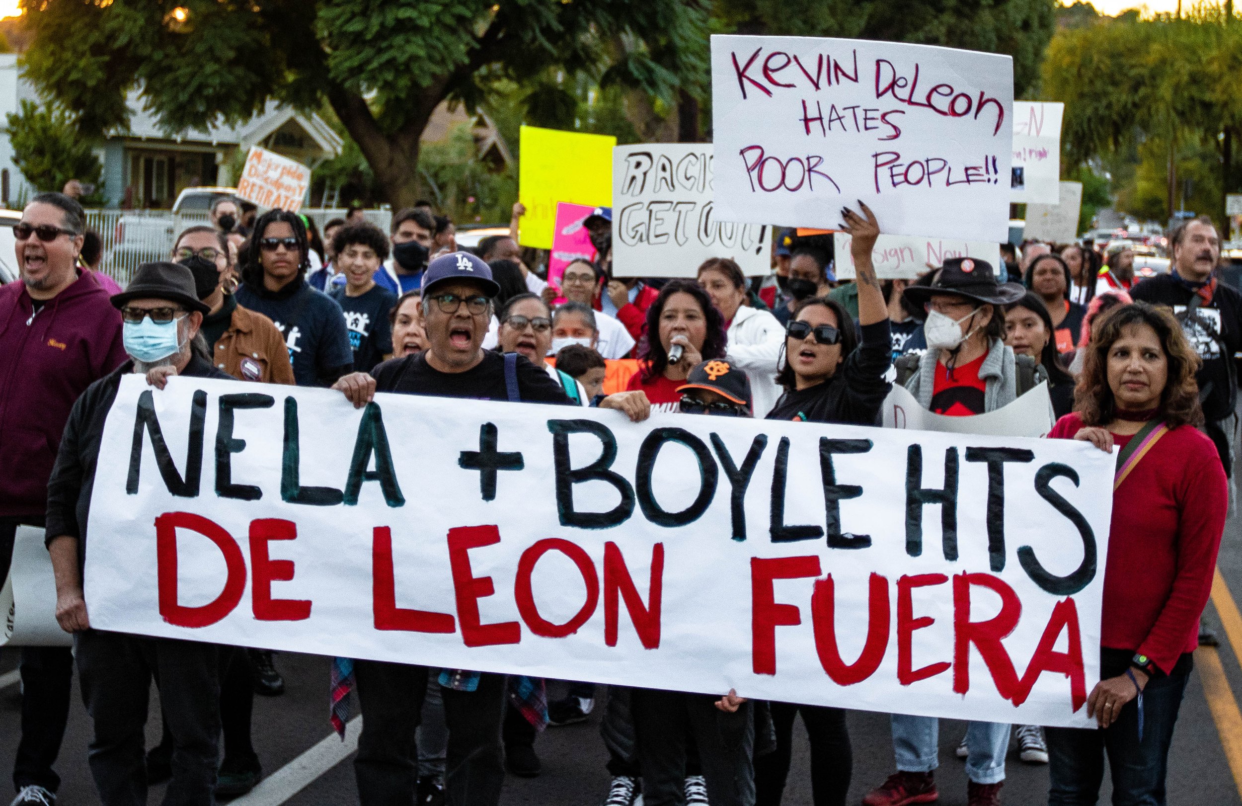  Protesters carry banners and march to Los Angeles Council Member Kevin De León's house in response to the leaked audio tapes in City Hall, after racist remarks from León and other LA council members were revealed. On Oct. 24, 2022, a rally of approx
