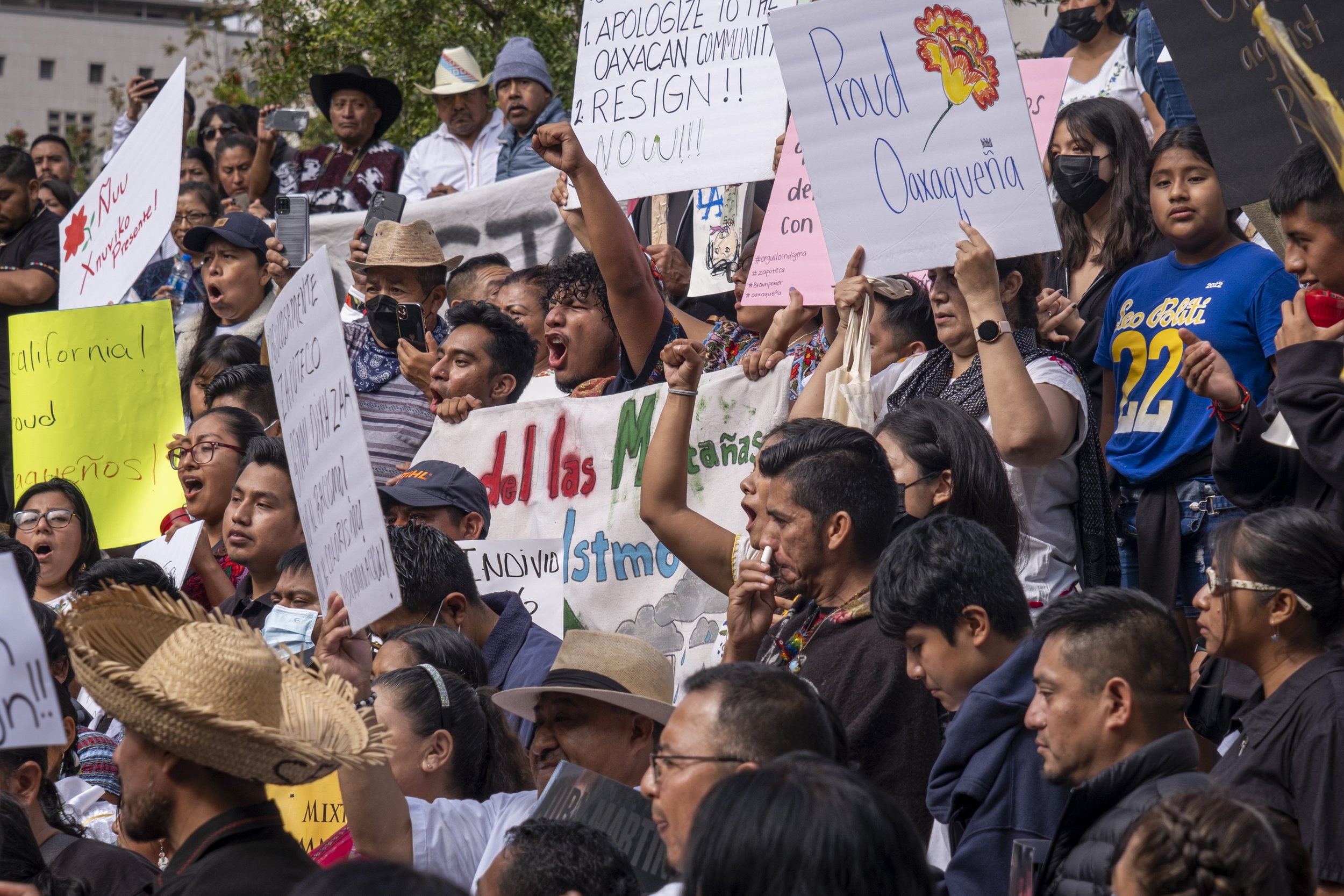  Hundreds of Oaxaca, Zapotec, Mixtec and other indigenous communities gather by City Hall after marching for miles from Los Angeles Trade Technical College. Comunidades Indigenas en Liderazgo (CIELO), which means Indigenous Communities in Leadership,