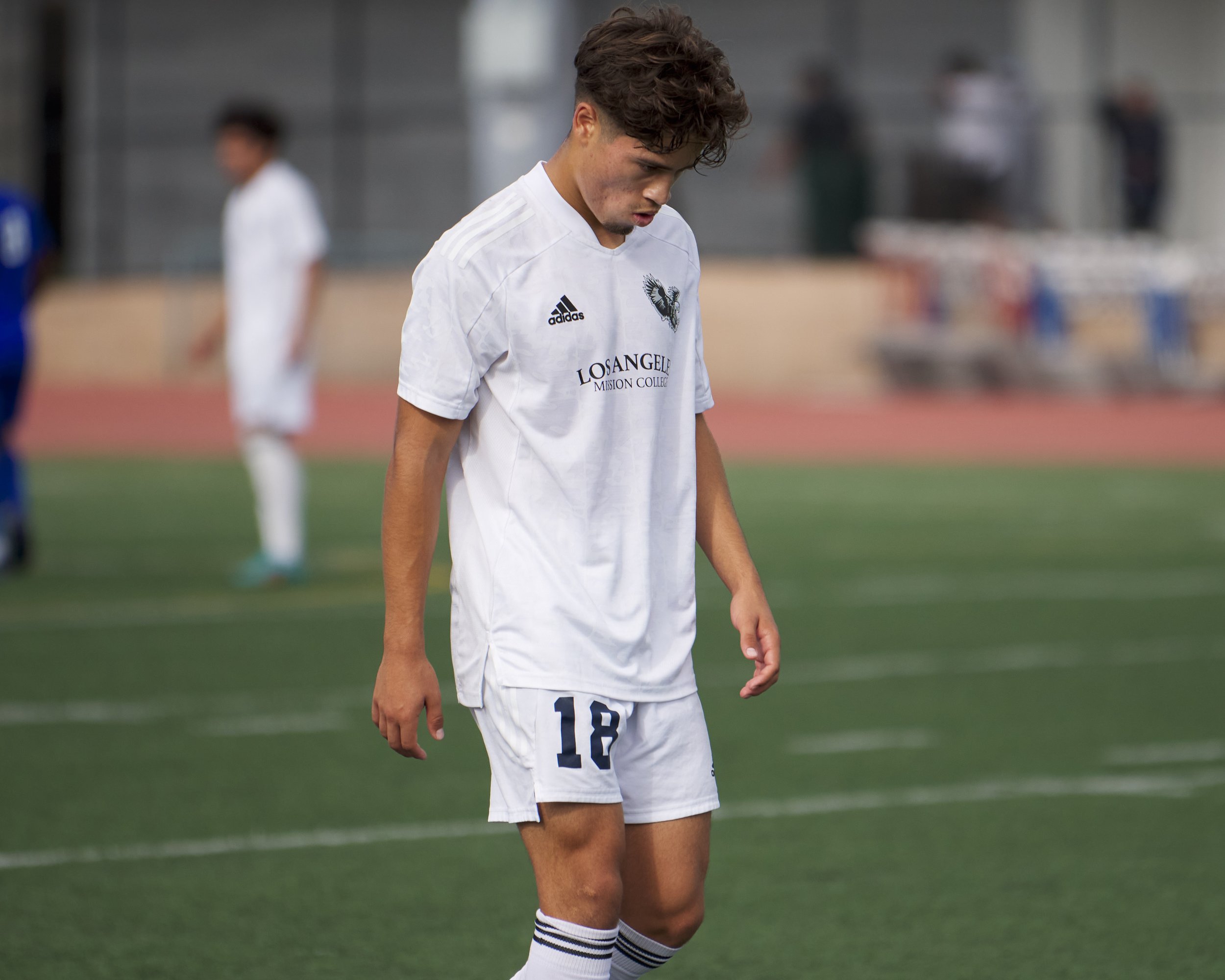  Los Angeles Mission College Eagles' Dominic Salazar leaves the field after earning a red card during the men's soccer match against the Santa Monica College Corsairs on Tuesday, Nov. 1, 2022, at Corsair Field in Santa Monica, Calif. The Corsairs won