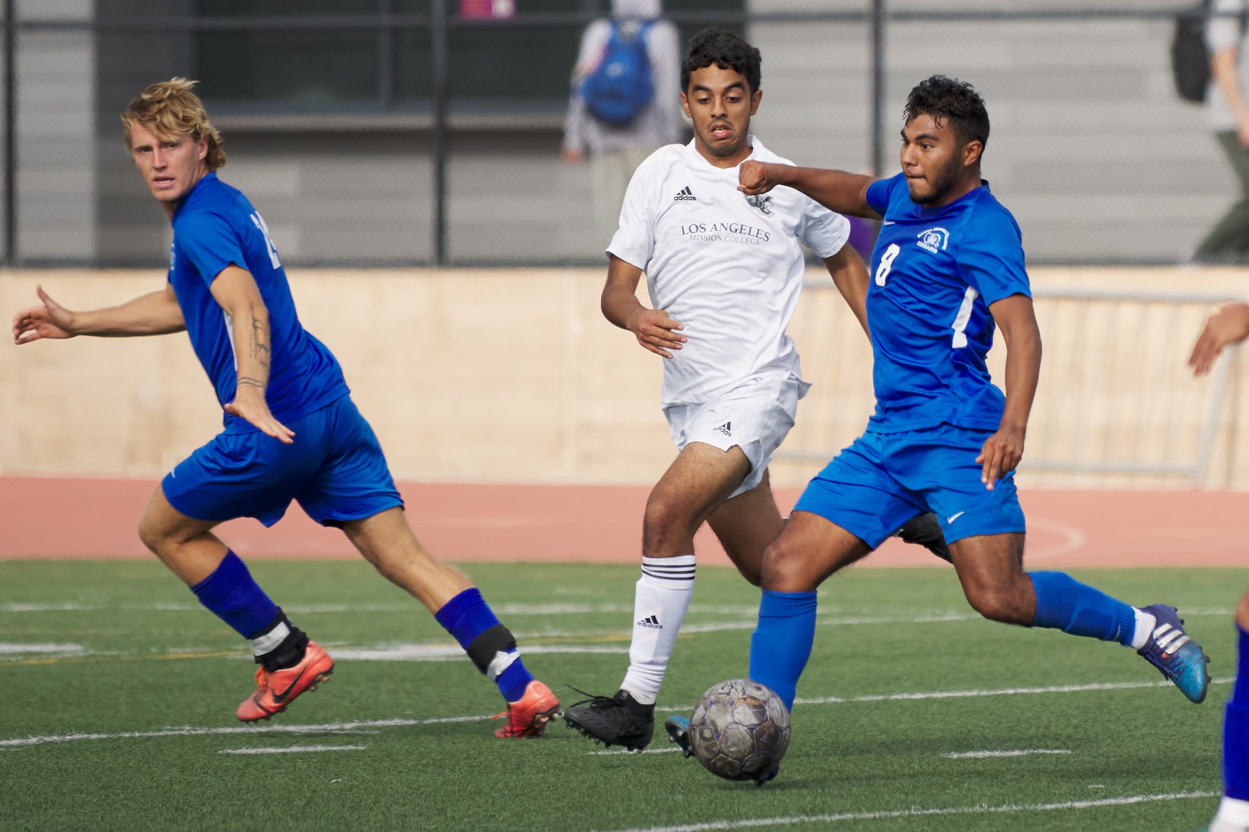  Santa Monica College Corsairs' Alexander Lalor and Jaime Toledo (right), and Los Angeles Mission College Eagles' Nathan Soto during the men's soccer match on Tuesday, Nov. 1, 2022, at Corsair Field in Santa Monica, Calif. The Corsairs won 3-0. (Nich
