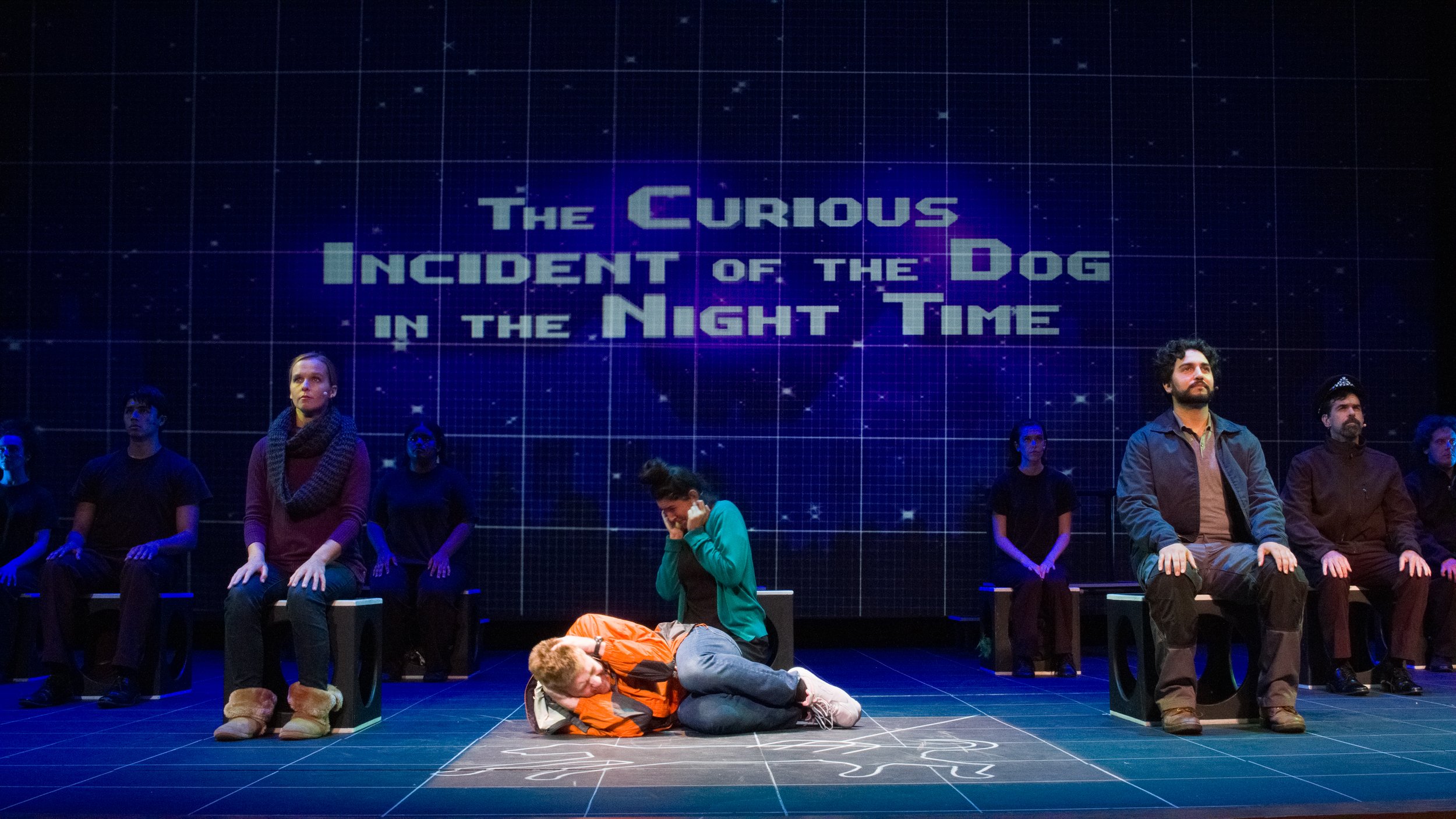  Megan Winberg (front left), Justin Valine (center left), Kiana Spath (center right), Tommy Abraham (Far Right) and the rest of the cast during last dress rehearsal before the first showing of "The Curious Incident of The Dog in The Night-Time" on Th