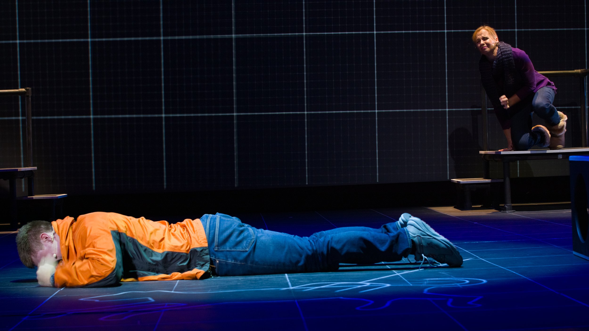  Justin Valine (center) and Megan Winberg (right) during last dress rehearsal before the first showing of "The Curious Incident of The Dog in The Night-Time" on Thursday, October 7th at Santa Monica College, Santa Monica, Calif. 