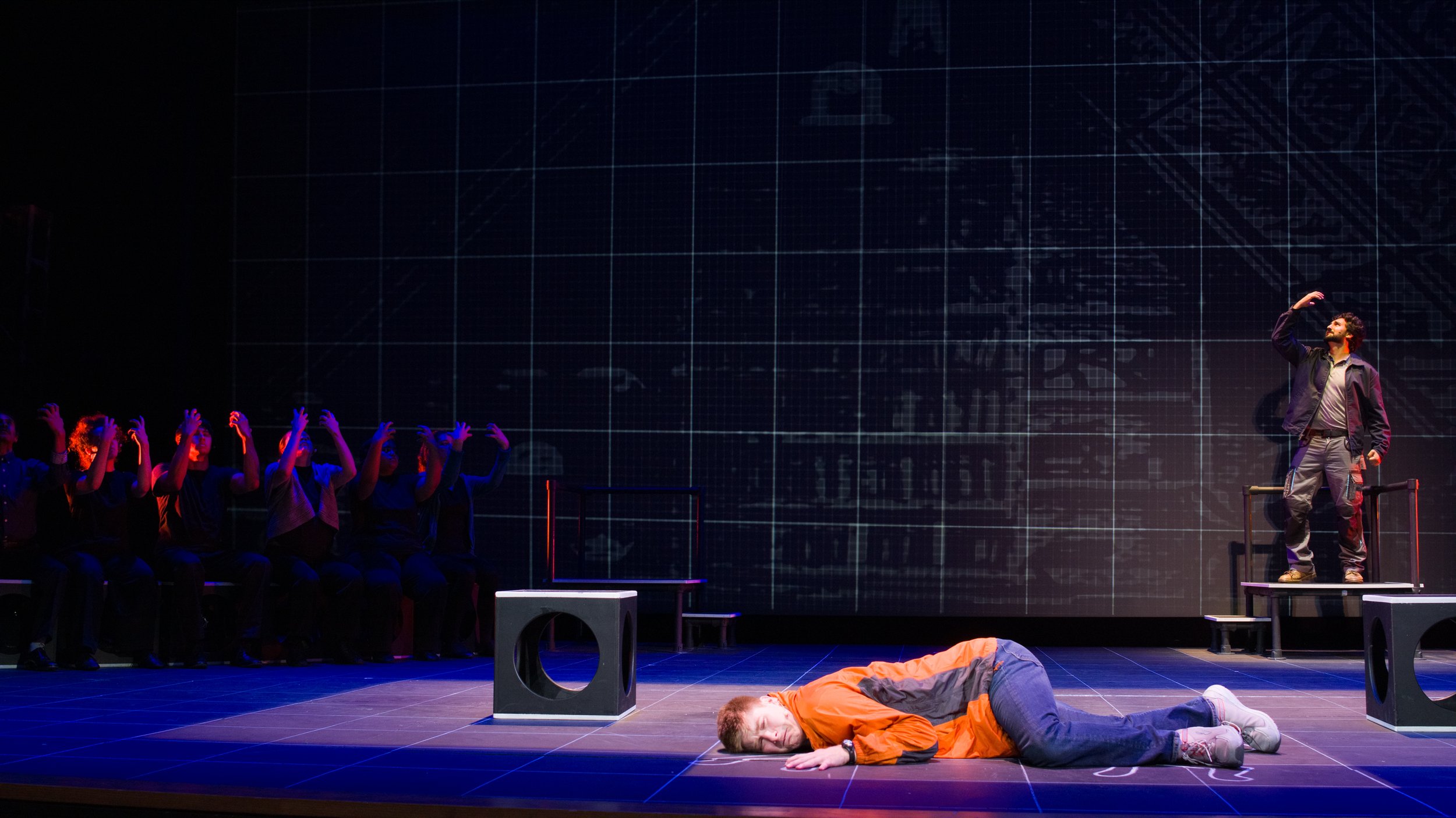  Justin Valine (center) and Tommy Abraham (right) during last dress rehearsal before the first showing of "The Curious Incident of The Dog in The Night-Time" on Thursday, October 7th at Santa Monica College, Santa Monica, Calif. 