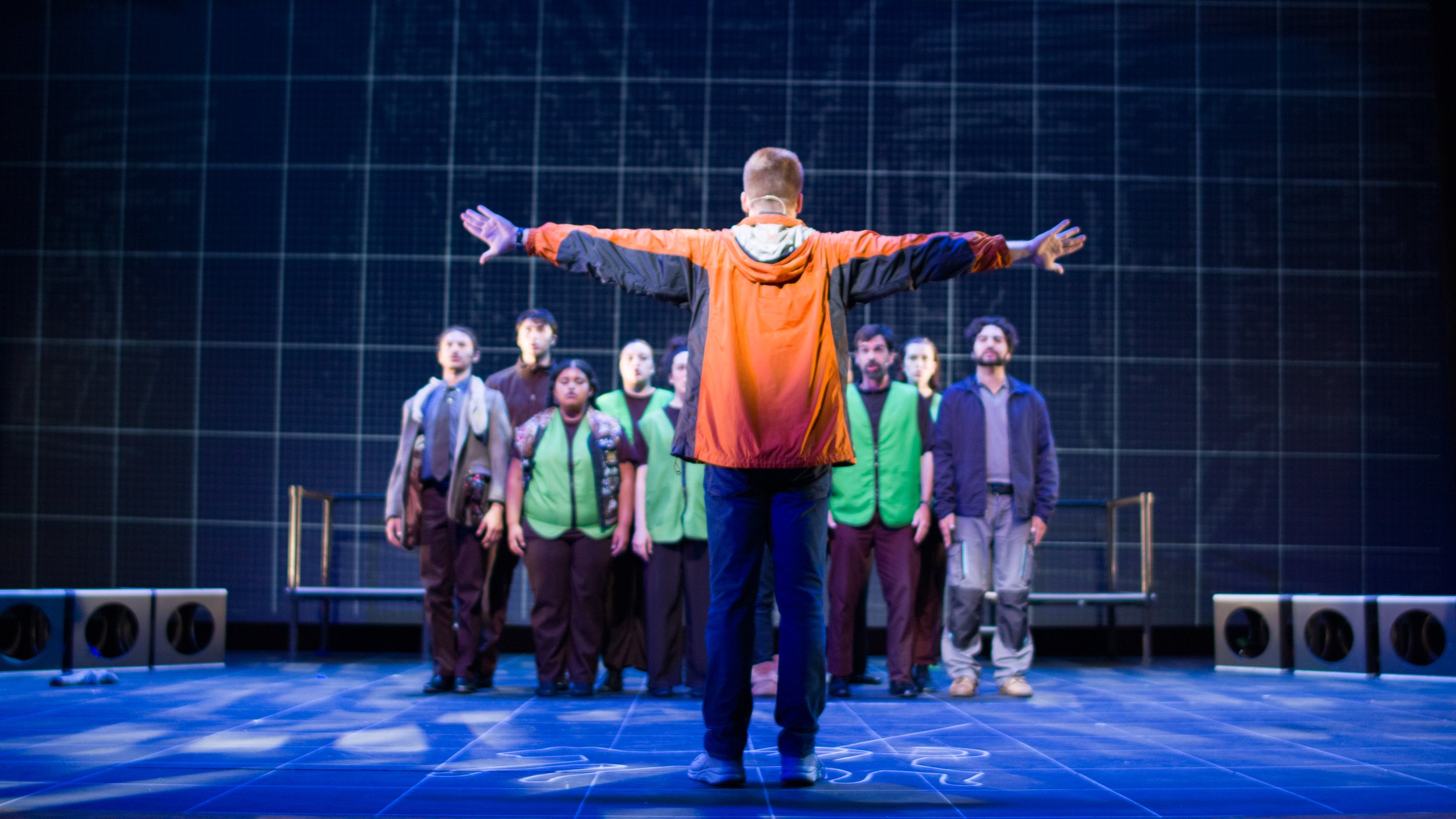  Justin Valine (center) and cast during last dress rehearsal before the first showing of "The Curious Incident of The Dog in The Night-Time" on Thursday, October 7th at Santa Monica College, Santa Monica, Calif. 