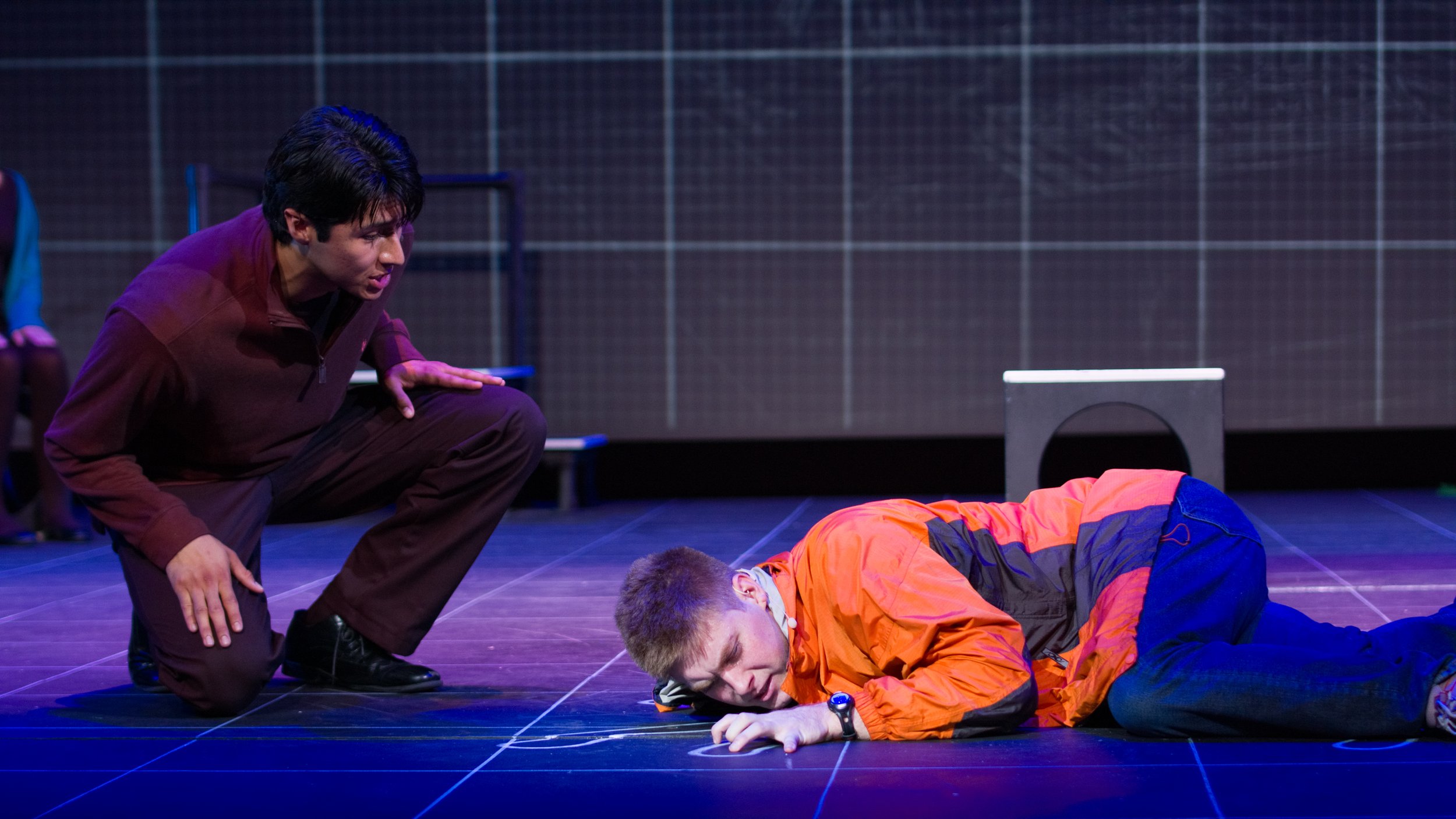  Steve Whittle (left) and Justin Valine (center) during last dress rehearsal before the first showing of "The Curious Incident of The Dog in The Night-Time" on Thursday, October 7th at Santa Monica College, Santa Monica, Calif. 