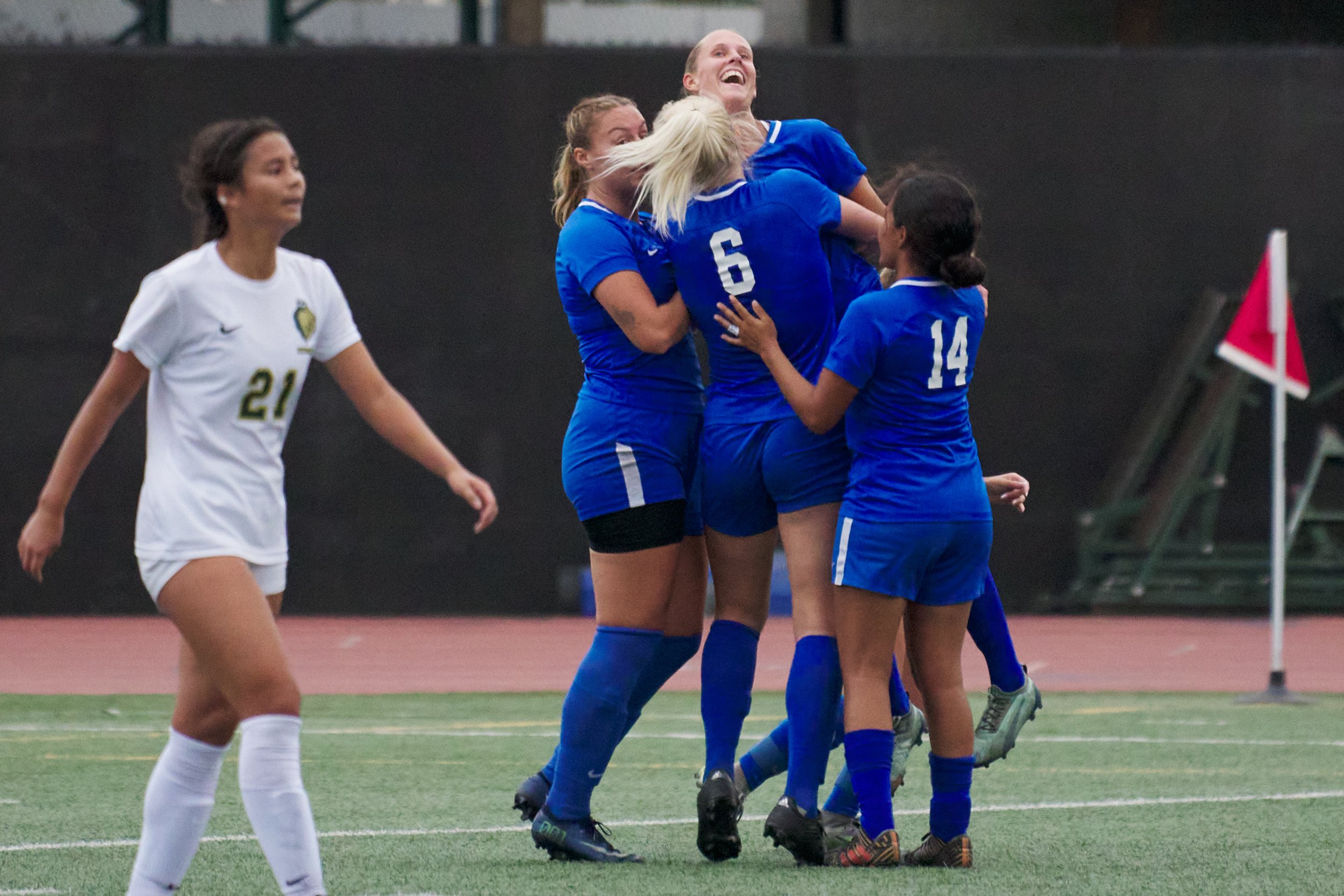  Members of the Santa Monica College Corsairs Women's Soccer team pick up Emma Rierstam in celebration of her goal during the match against the Los Angeles Valley College Monarchs on Tuesday, Nov. 1, 2022, at Corsair Field in Santa Monica, Calif. The