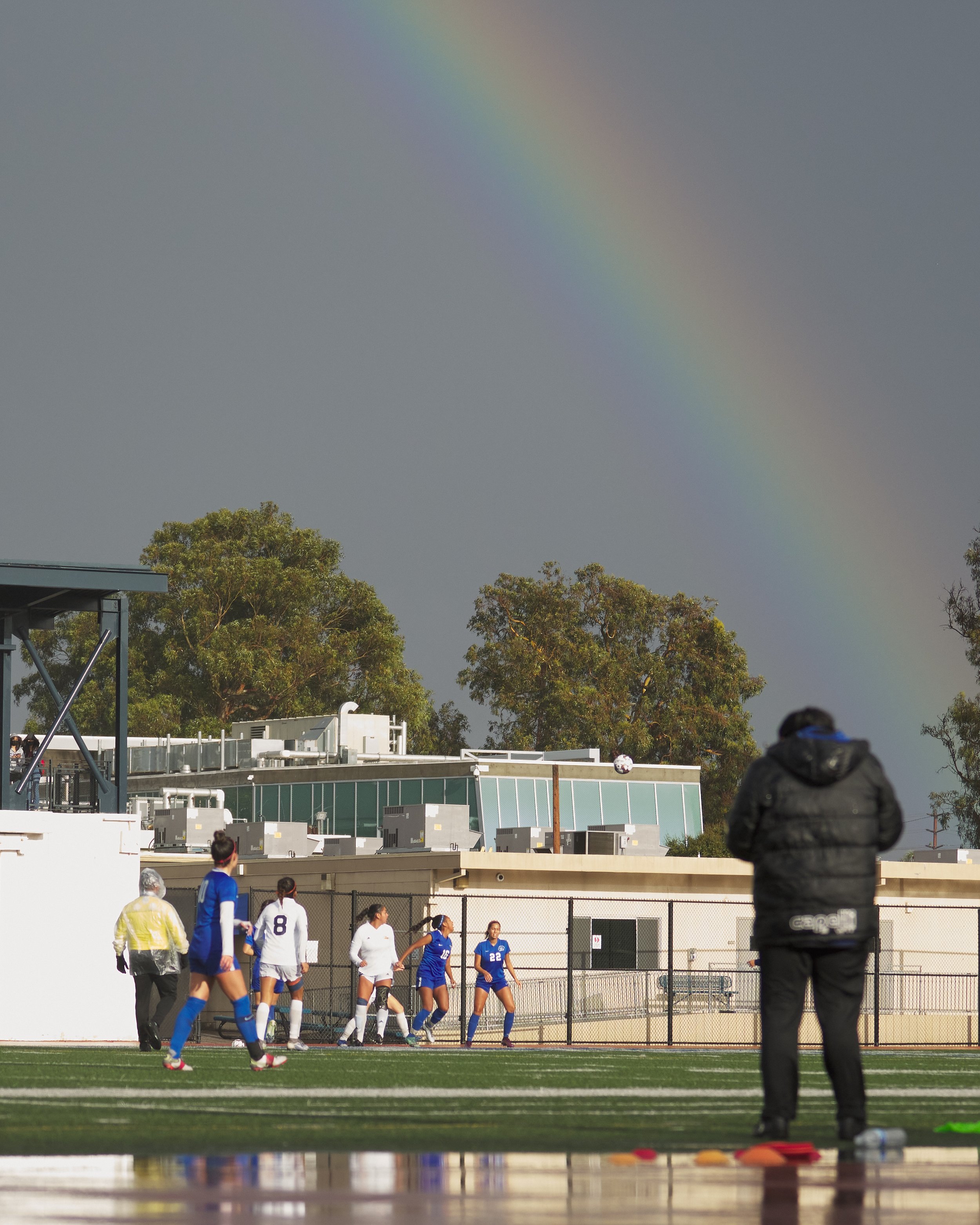  A rainbow briefly appears during the women's soccer match between the Santa Monica College Corsairs and the Citrus College Owls on Tuesday, Nov. 8, 2022, at Corsair Field in Santa Monica, Calif. The Corsairs won 3-1. (Nicholas McCall | The Corsair) 
