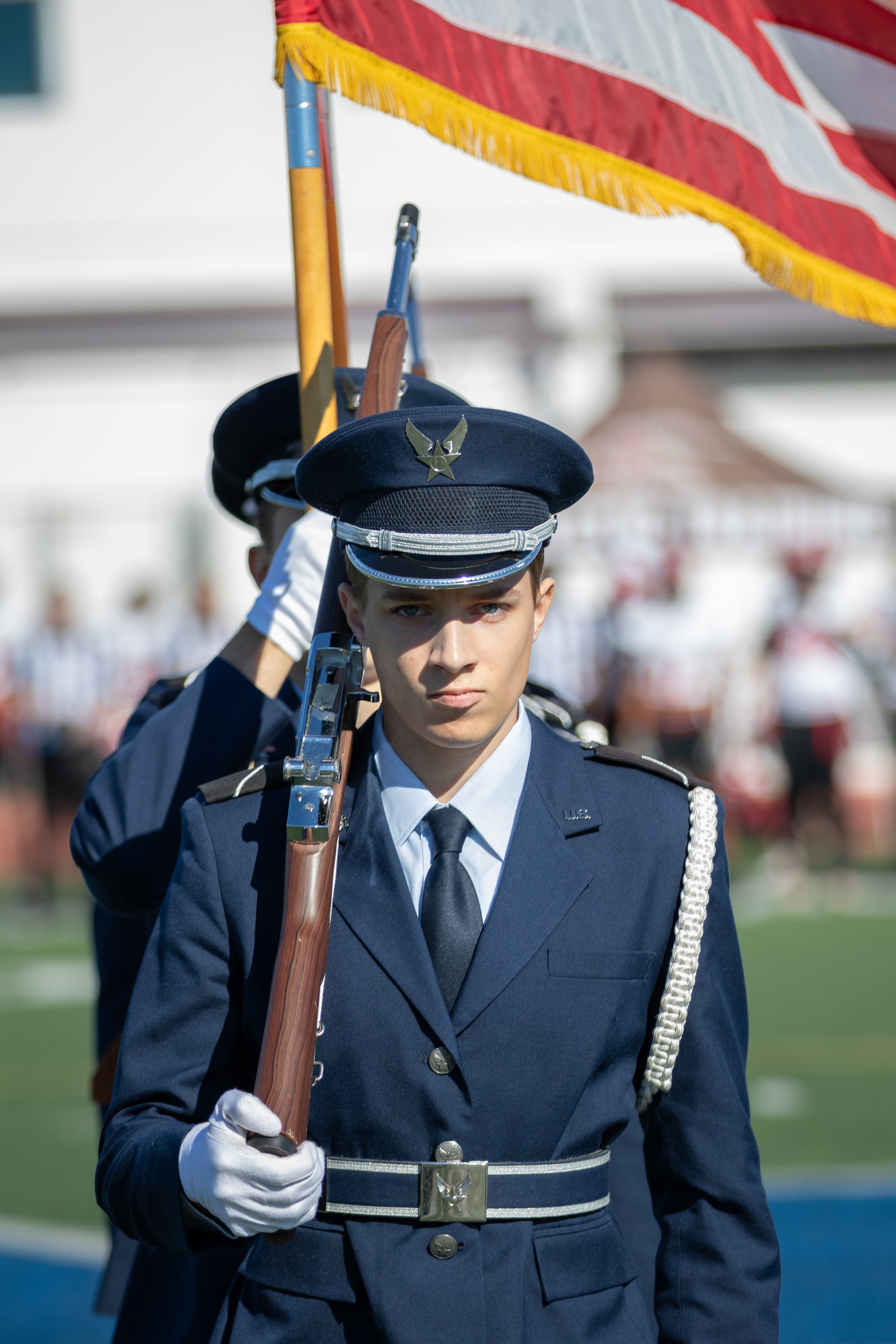  The colorguard marching off the field during before a recent Veterans Days home game on Saturday, Nov. 12, 2022, at Santa Monica College, Santa Monica, Calif. The game ended in the Vanqueros favor 65-27. (Caylo Seals | The Corsair) 