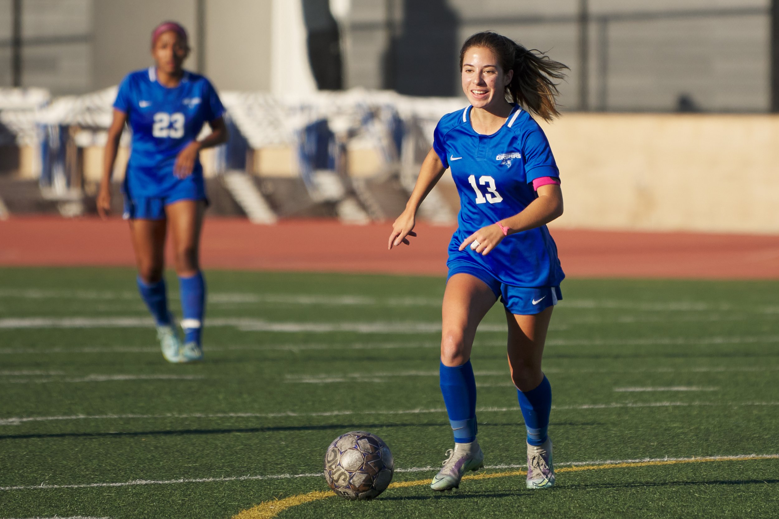  Santa Monica College Corsairs' Sophie Doumitt (right) and Carmen Talavera (left) during the women's soccer match against the College of the Canyons Cougars on Thursday, Nov. 10, 2022, at Corsair Field in Santa Monica, Calif. The Corsairs lost 3-0. (