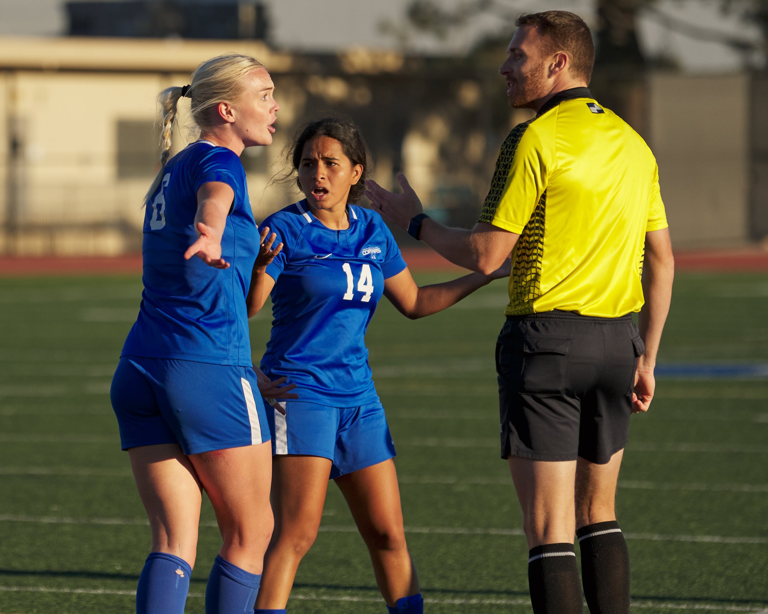  Santa Monica College Corsairs' Mathilda Isaksson and Vashti Zuniga complain about the referee's determination that the Corsairs did not score a goal, despite getting the ball past the goalie, during the women's soccer match against the College of th
