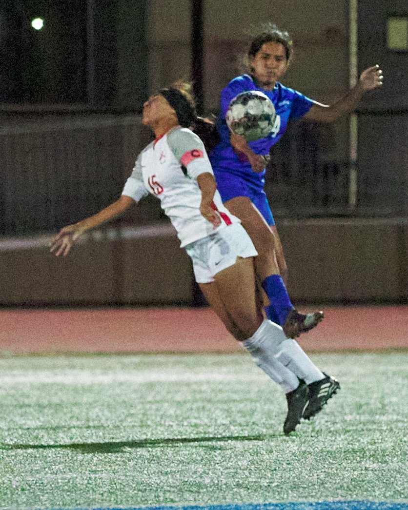  Both Bakersfield College Renegades' Denise Ortiz Perez and Santa Monica College Corsairs' Vashti Zuniga simultaneosly received yellow cards for this collision into each other during the women's soccer match on Wednesday, Nov. 16, 2022, at Corsair Fi