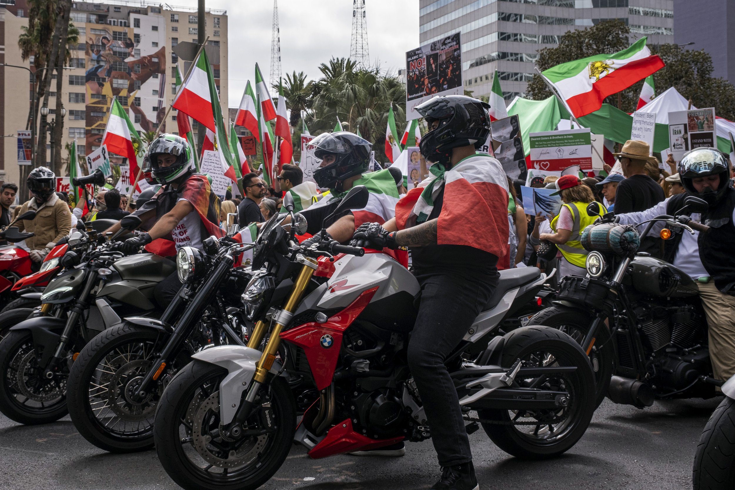  Motorcyclists line up in front of Pershing Square, to lead the march to City Hall  for the Freedom Rally for Iran, in Downtown Los Angeles, Calif., on October 1. (Anna Sophia Moltke | The Corsair) 