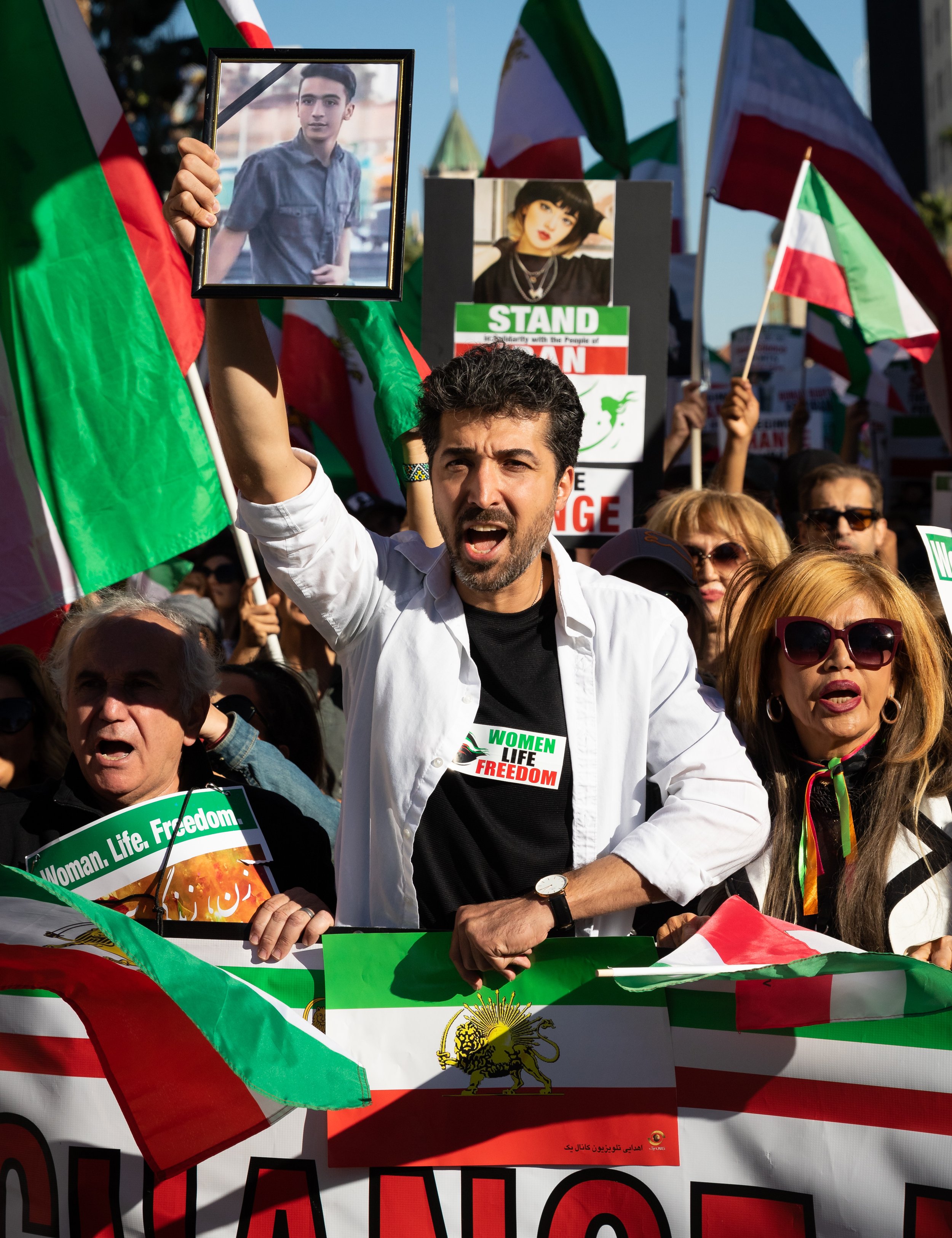  Freedom for Iran rally goer chanting and singing during the march in Hollywood, Calif. on Saturday, Nov. 19, 2022.  This rally is part of a global movement that has taken place since the death of Mahsa Amini. (Caylo Seals | The Corsair) 