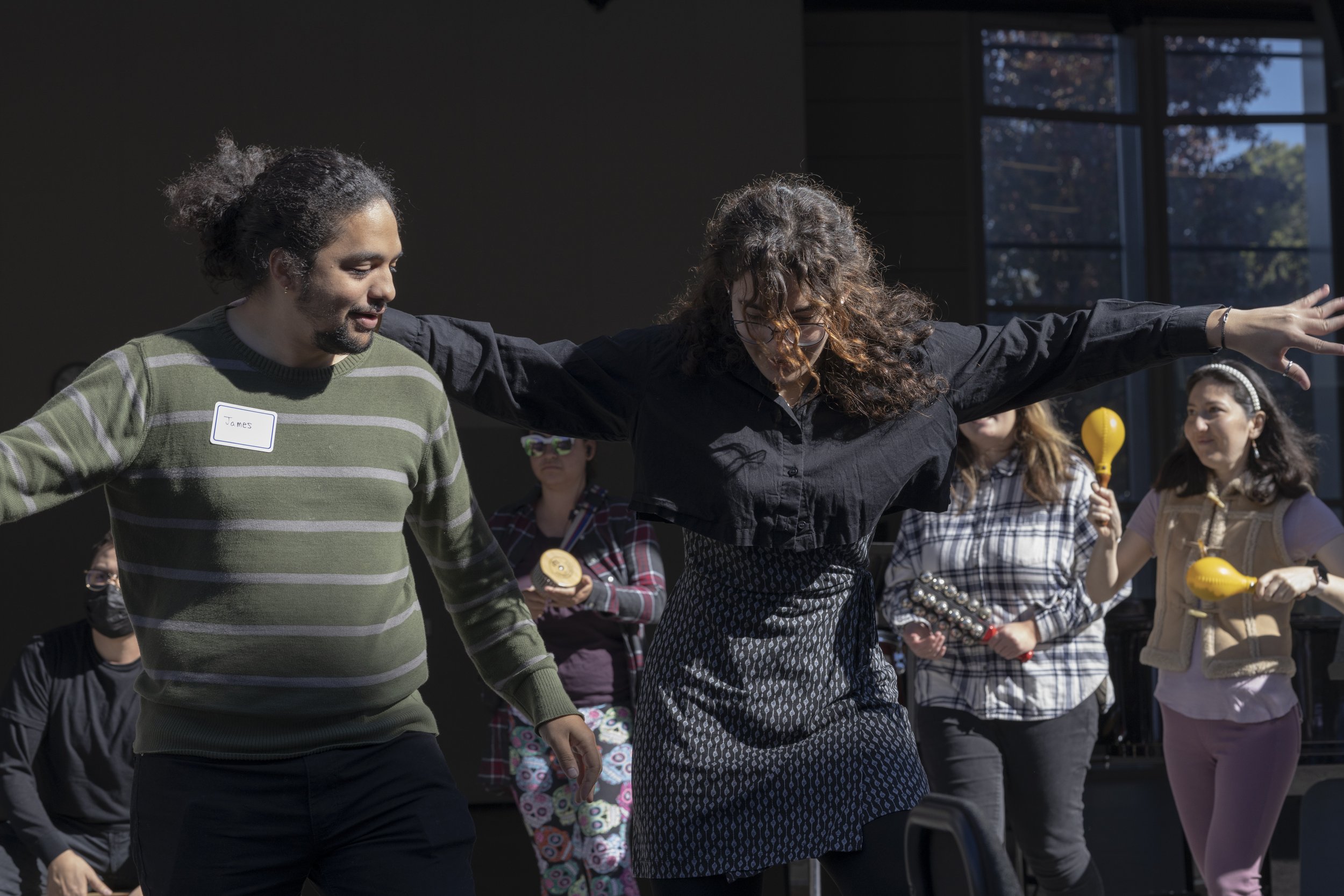  James Youssef (left) and Alya Olcan (right) dancing together while the Procussion Ensemble class performs for the crowd during SMC's Music Departments open house. November 15, 2022, Santa Monica, Calif. (Jamie Addison | The Corsair) 