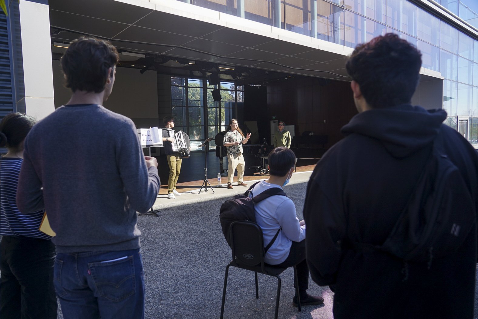  Onlookers observe performances by student musicians during an open house hosted by the faculty of the Santa Monica College Music Department Tuesday, Nov. 15 2022. 