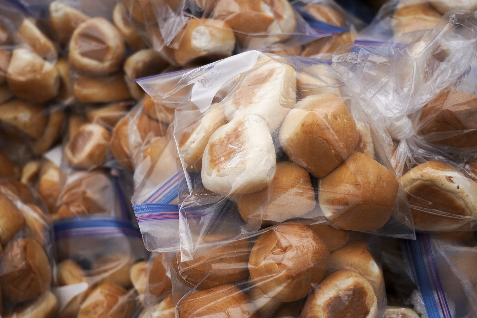  Diner rolls await packaging during Santa Monica College's 3rd Giving Thanks(Giving) charity food distribution event Tuesday, Nov. 22 2022. The drive-thru market featured free care packages designed to ease the burden faced by food-insecure students.