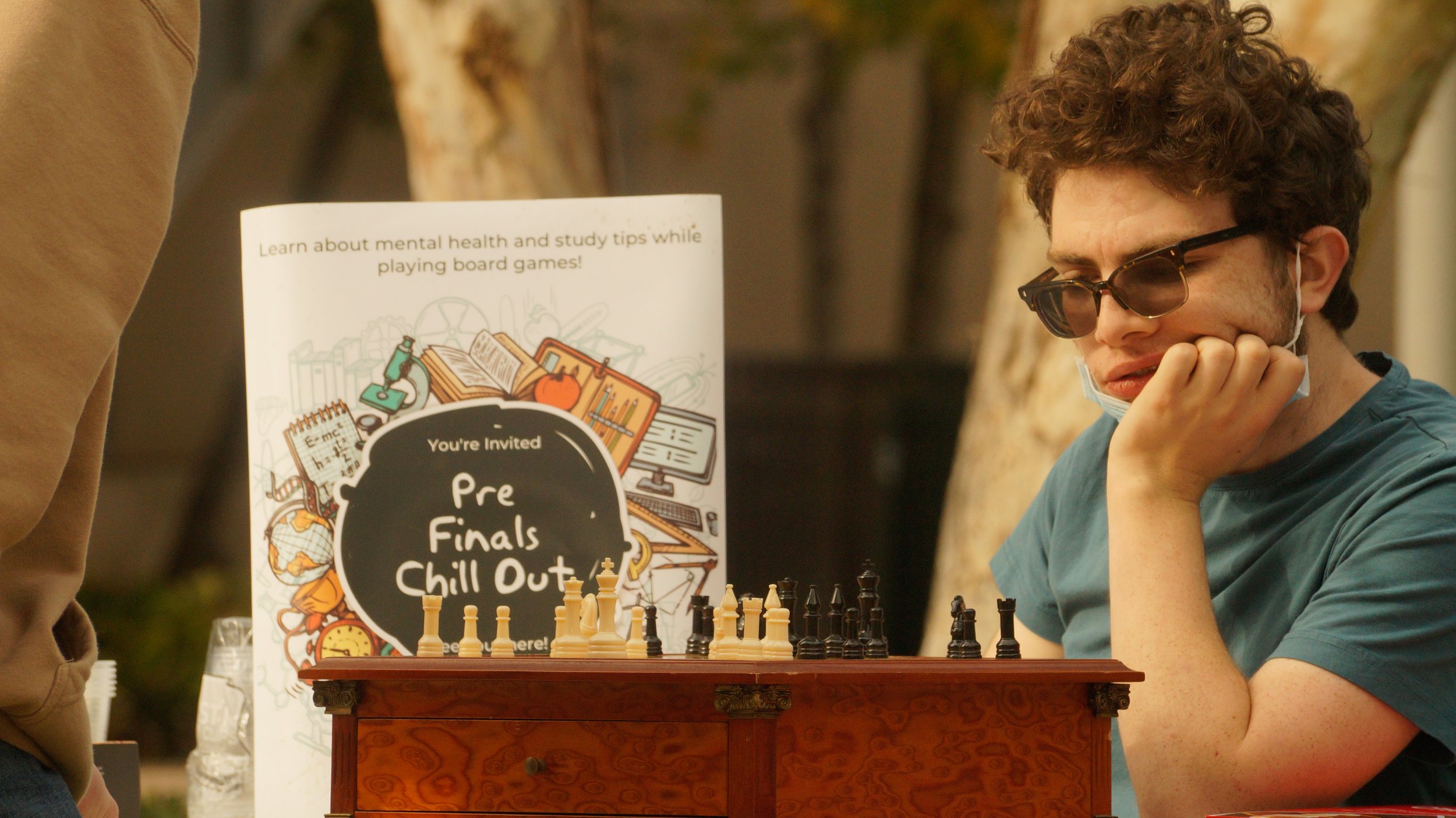  Sebastiam Rudomin, 28, conteplating his next move in his chess game at the Pre Finals Chill Out event. (Spencer Chen) 