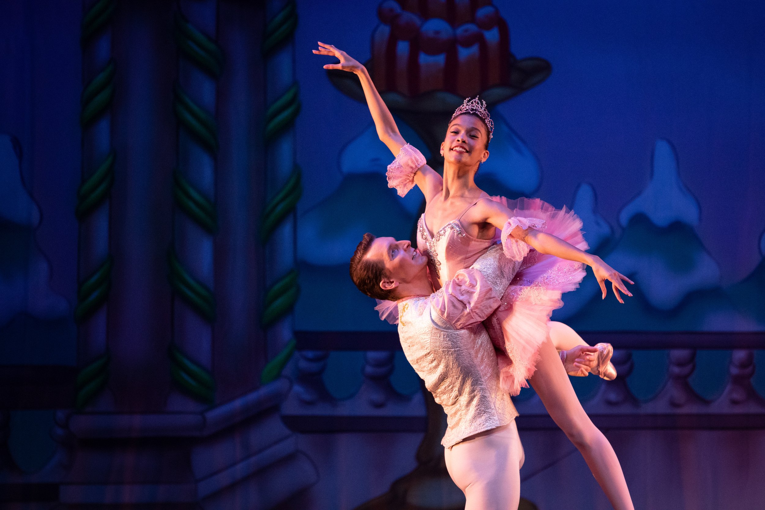  Jasime Harrison (right) and Maté Szentes (left) dancing together, as the characters Sugar Plum Fairy and her Cavalier, during the Grand Pas de Deux right before the finale of The Nutcracker performed by Westside Ballet of Santa Monica at the The Bro