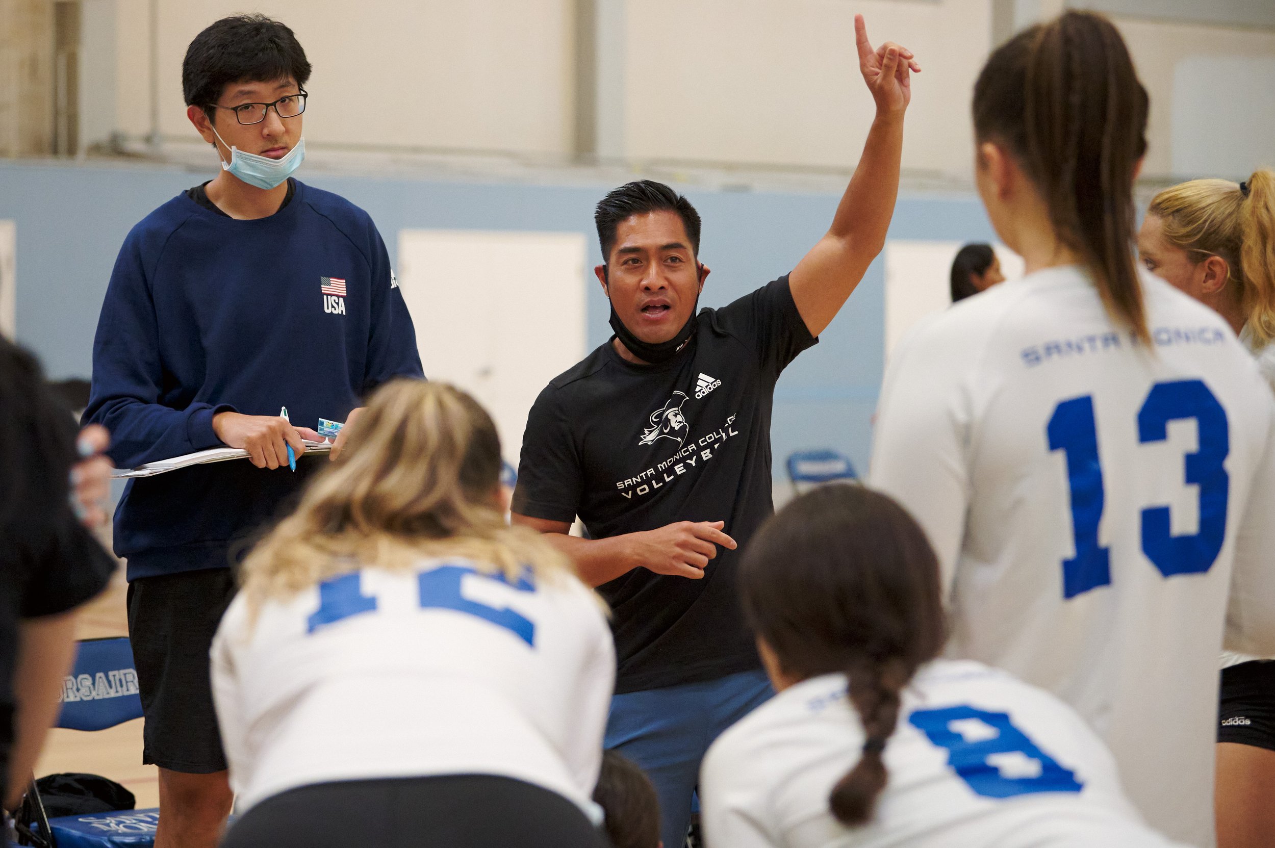  Santa Monica College Corsairs' Women's Volleyball Head Coach Christian Cammayo (right) and Assistant Coach Paddy Pan (left) during the match against the College of the Desert Roadrunners on Friday, October 7, 2022, at the Corsair Gym in Santa Monica