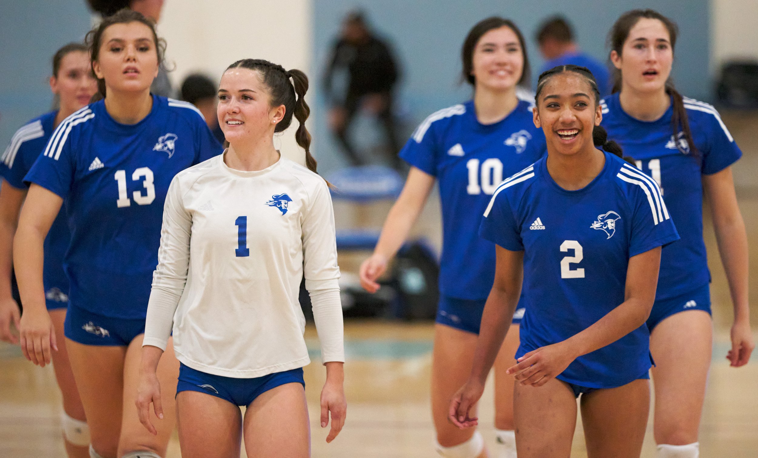  Santa Monica College Corsairs' (L-R) Mia Paulson, Mackenzie Wolff, Halle Anderson, Sophia Odle, Amaya Bernardo, and Maiella Riva during the women's volleyball match against the College of the Canyons Cougars on Friday, Oct. 28, 2022, at SMC Gym in S