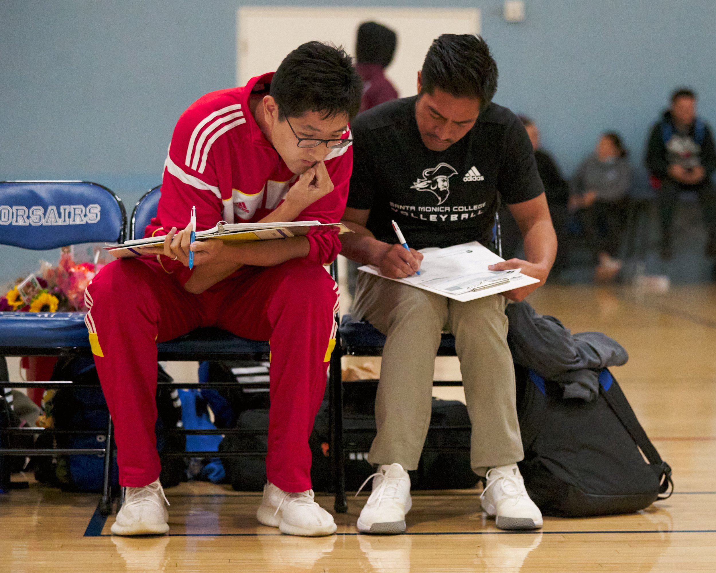  Santa Monica College Corsairs Women's Volleyball Coaches Paddy Pan (Assistant) and Christian Cammayo (Head) during the women's volleyball match against the Glendale Community College Vaqueros on Wednesday, Nov. 9, 2022, at SMC Gym in Santa Monica, C