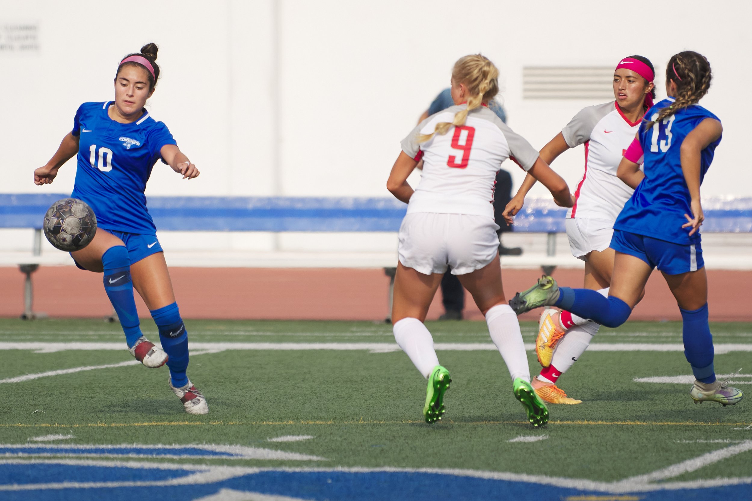  Santa Monica College Corsairs' Ali Alban and Sophie Doumitt (right), and Bakersfield College Renegades' Halle Knox (9) and Olga Amador (center right) during the women's soccer match on Friday, Oct. 20, 2022, at Corsair Field in Santa Monica, Calif. 