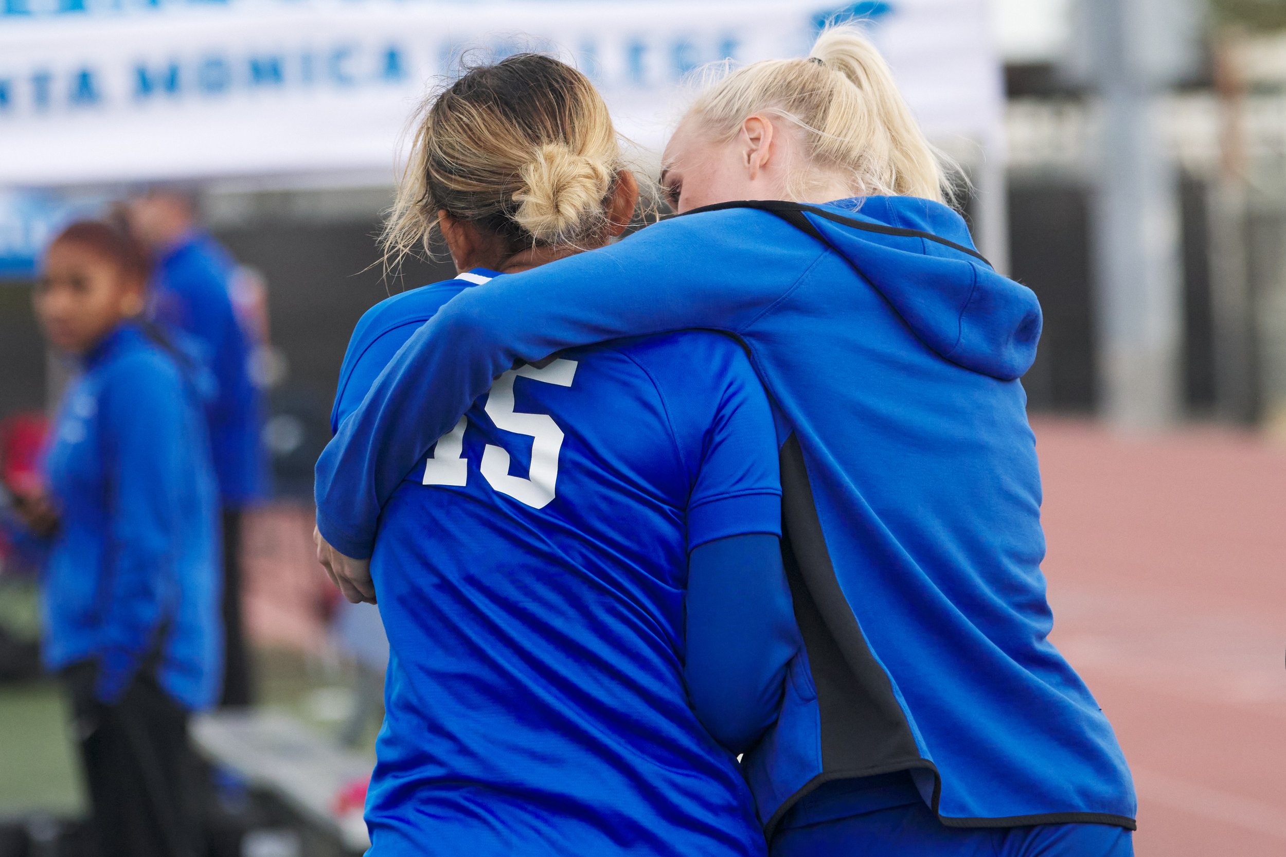  Santa Monica College Corsairs' Mathilda Isaksson (right) embraces Jacky Hernandez (left) after Hernandez was removed from the game against the Bakersfield College Renegades due to injury on Friday, Oct. 20, 2022, at Corsair Field in Santa Monica, Ca