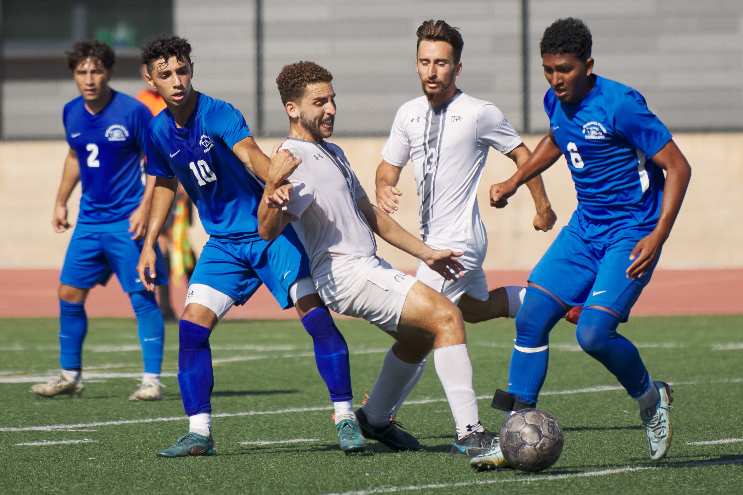  Santa Monica College Corsairs' Javier Mendoza (2), Roey Kivity (10), Sebastian Alvarez Luna (6), and Antelope Valley College Marauders' Francisco Brasiliano (center) and Alexander Brjestovsky (3) during the men's soccer match on Friday, Sept. 30, 20