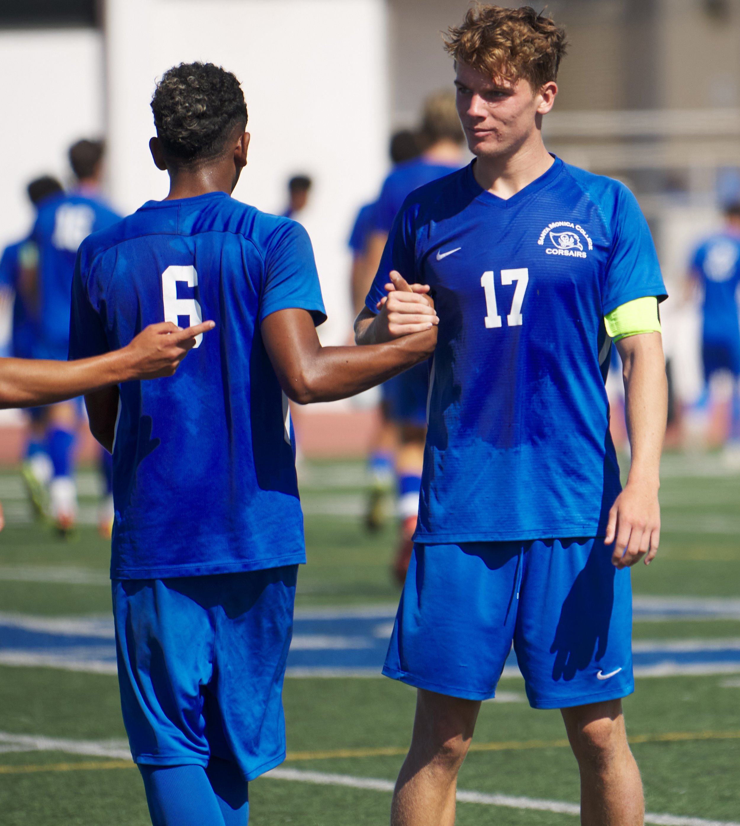  Santa Monica College Corsairs' Sebastian Alvarez Luna and Taj Winnard during the men's soccer match against the Antelope Valley College Marauders on Friday, Sept. 30, 2022, at Corsair Field in Santa Monica, Calif. The Corsairs tied 1-1. (Nicholas Mc