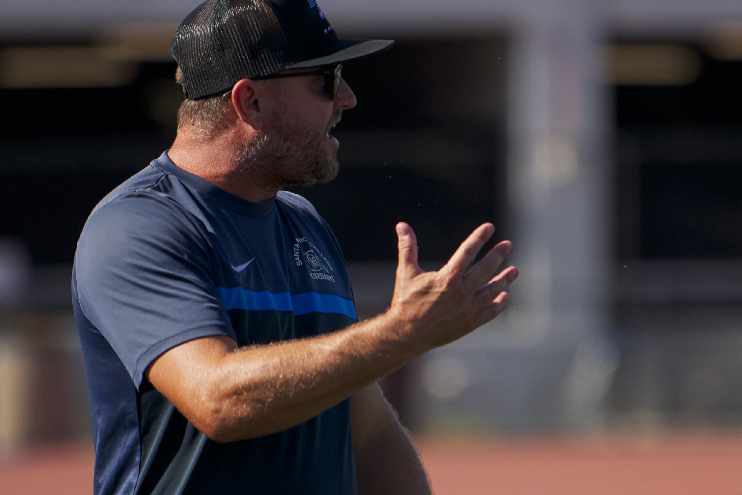  Santa Monica College Corsairs Men's Soccer Head Coach Tim Pierce during the match against the Glendale Community College Vaqueros on Tuesday, Sept. 27, 2022, at Corsair Field in Santa Monica, Calif. The Corsairs won 3-0. (Nicholas McCall | The Corsa