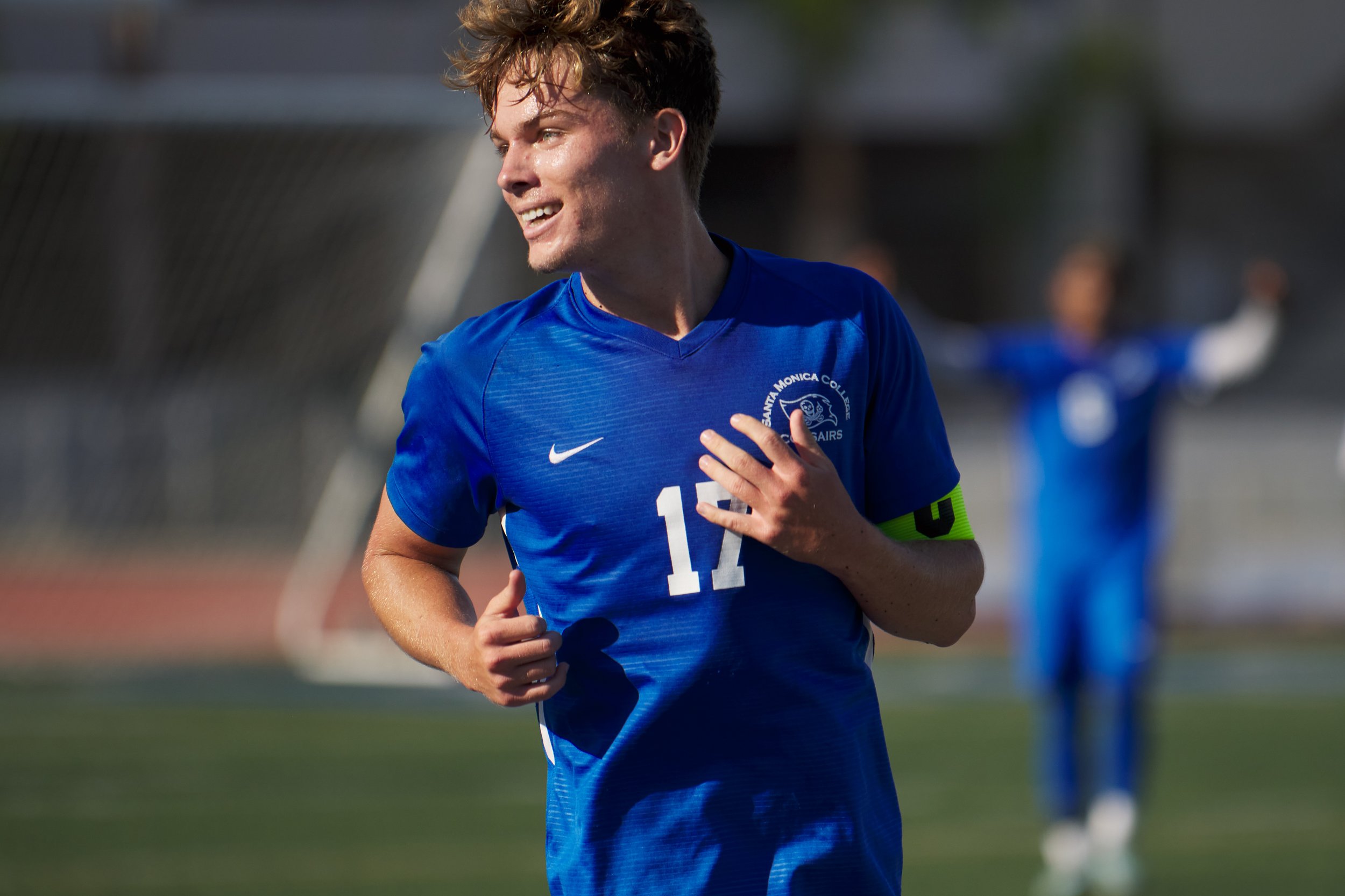  Taj Winnard after his goal for the Santa Monica College Corsairs during the men's soccer match against the Glendale Community College Vaqueros on Tuesday, Sept. 27, 2022, at Corsair Field in Santa Monica, Calif. The Corsairs won 3-0. (Nicholas McCal