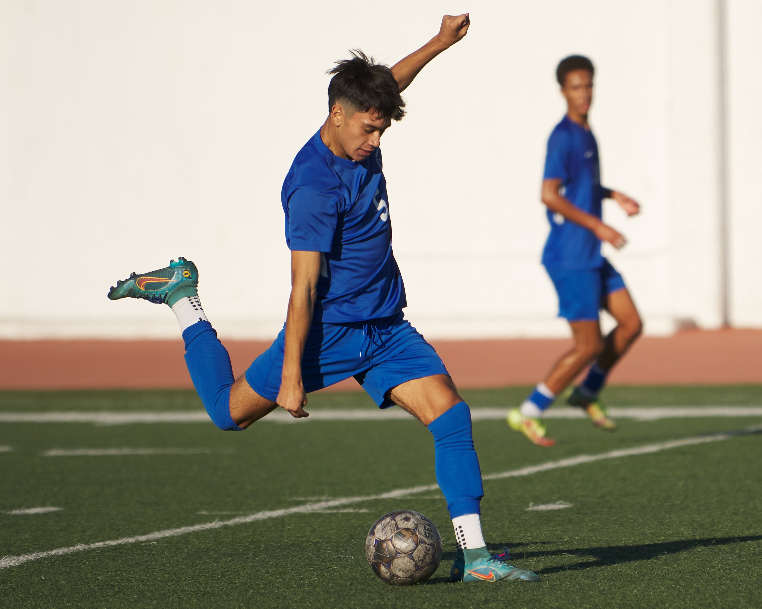  Santa Monica College Corsairs' Jose Urdiano kicks the ball to another scoring goal for the Corsairs during the men's soccer match against the Moorpark College Raiders on Tuesday, Oct. 25, 2022, at Corsair Field in Santa Monica, Calif. The Corsairs w