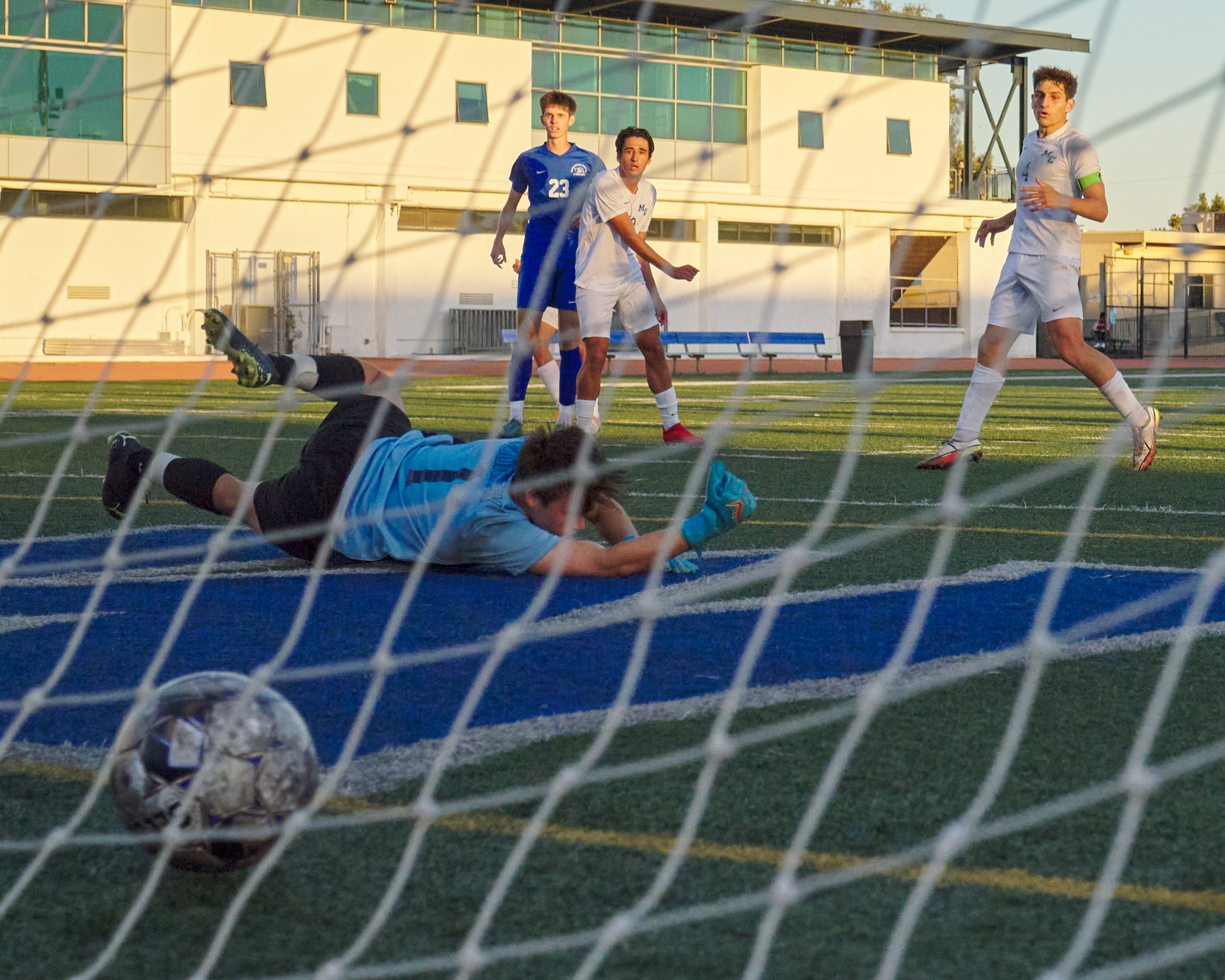  Moorpark College Raiders' Goalie Todd Crabtree fails to block the shot by Santa Monica College Corsairs' Ryan Maher (23) during the men's soccer match on Tuesday, Oct. 25, 2022, at Corsair Field in Santa Monica, Calif. The Corsairs won 4-0. (Nichola