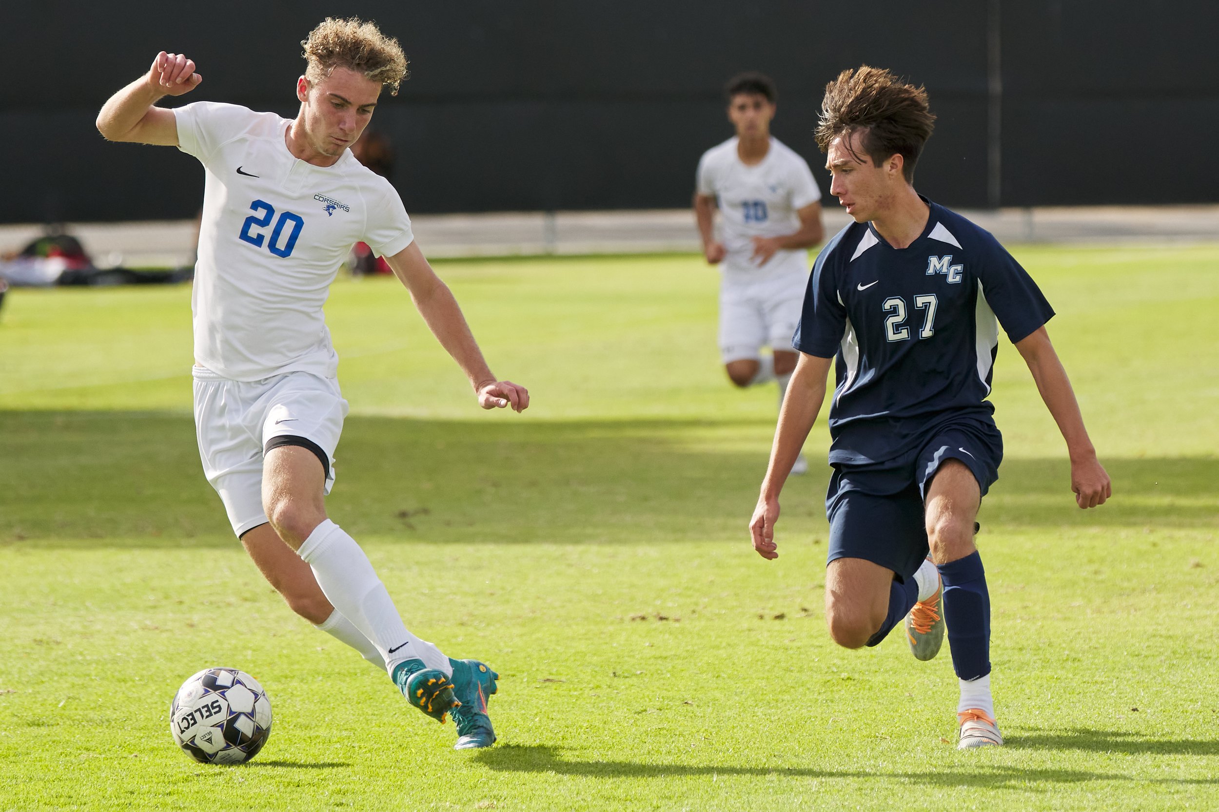  Santa Monica College Corsairs' Marcus Hevesy-Rodriguez and Moorpark College Raiders' Cytres Vives during the men's soccer match on Friday, Nov. 11, 2022, at Field Hockey Stadium in Moorpark, Calif. The Corsairs won 2-1. (Nicholas McCall | The Corsai