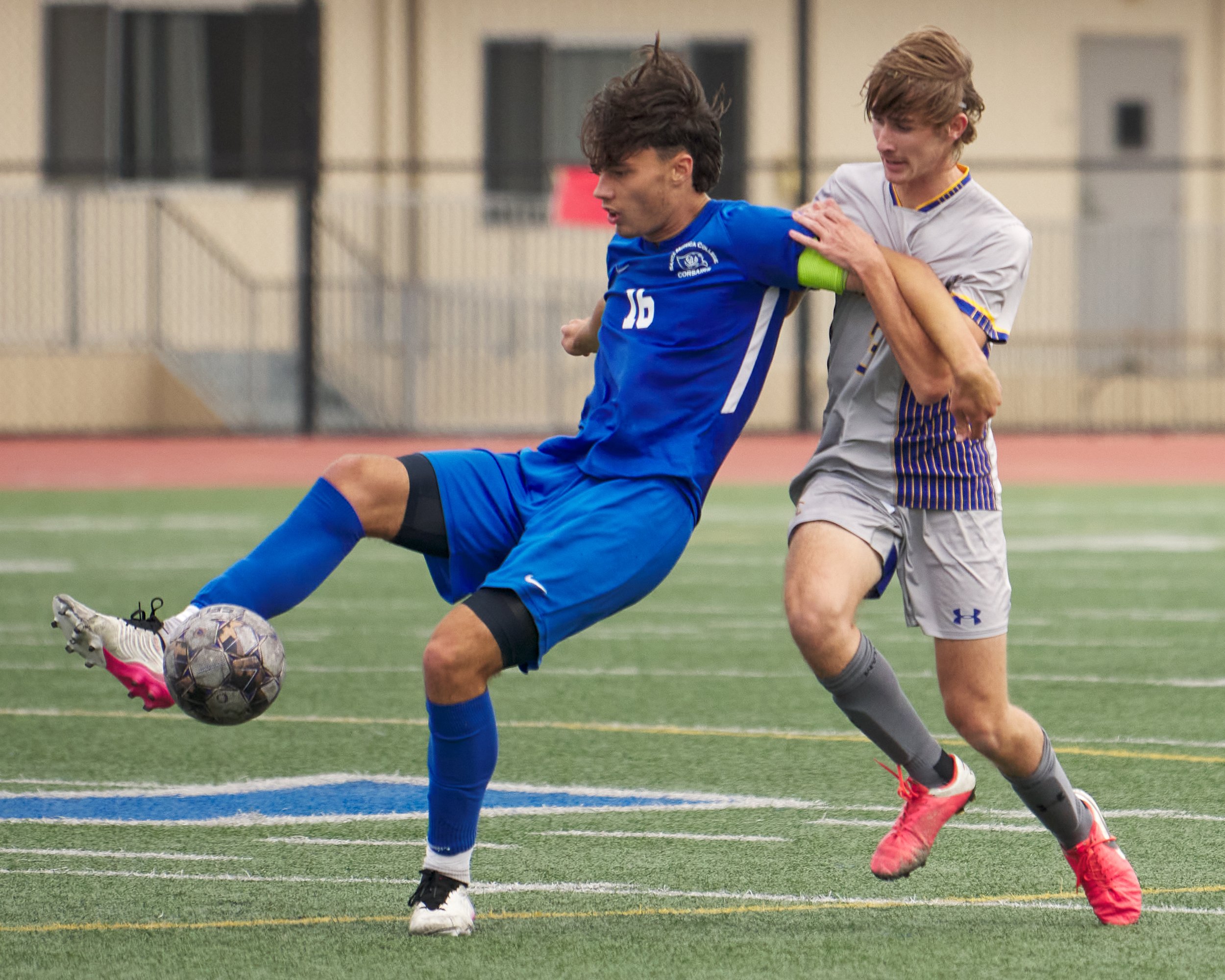  Santa Monica College Corsairs' Kyler Sorber and Allan Hancock College Bulldogs' Braden Johnson during the men's soccer match on Tuesday, Nov. 8, 2022, at Corsair Field in Santa Monica, Calif. The Corsairs won 7-1. (Nicholas McCall | The Corsair) 