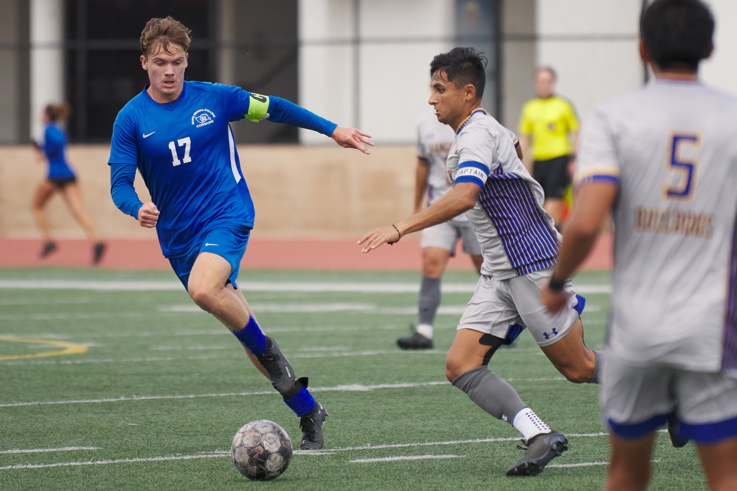  Santa Monica College Corsairs' Taj Winnard and Allan Hancock College Bulldogs' Eric Diaz during the men's soccer match on Tuesday, Nov. 8, 2022, at Corsair Field in Santa Monica, Calif. The Corsairs won 7-1. (Nicholas McCall | The Corsair) 