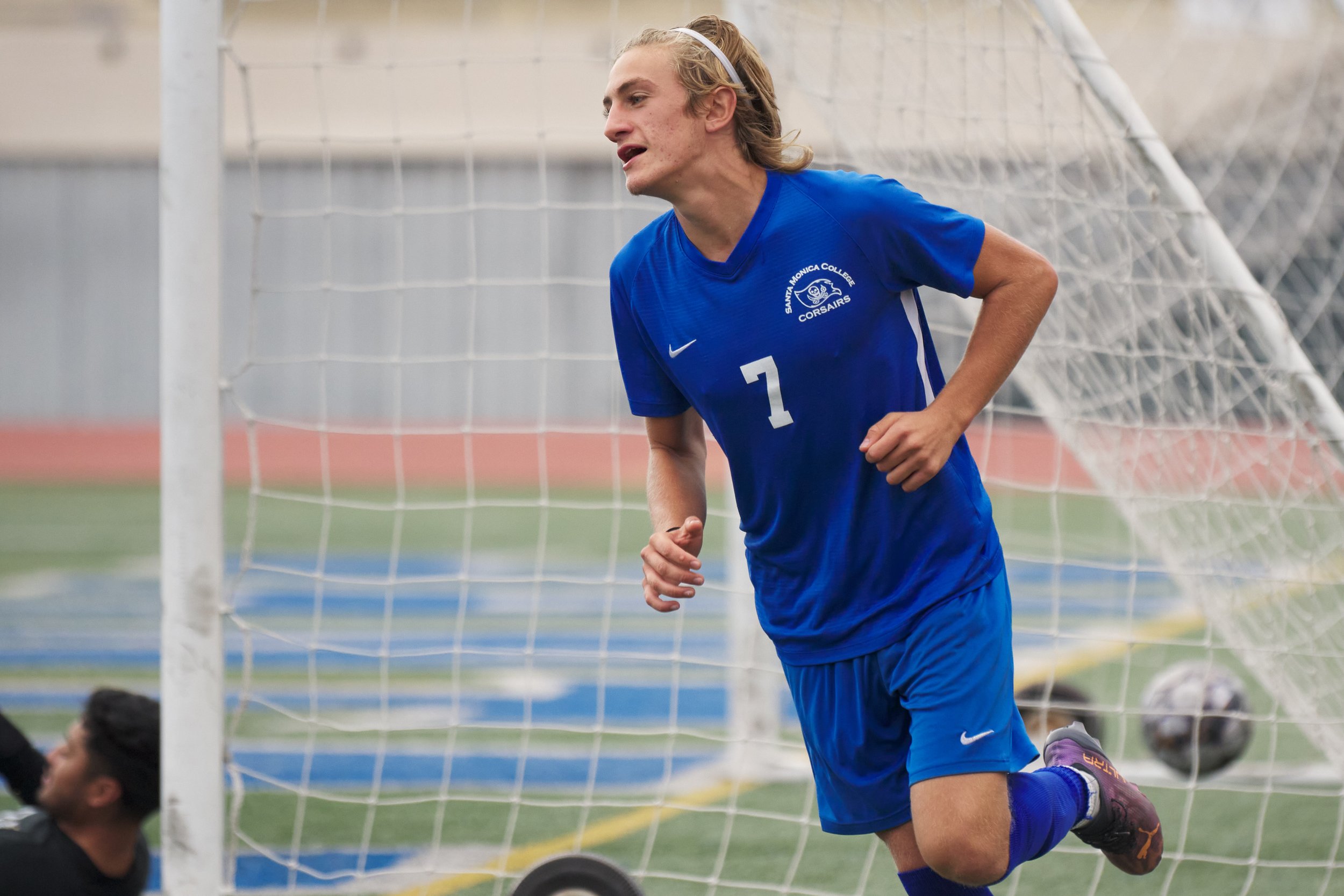  Santa Monica College Corsairs' Darren Lewis turns toward the field after his goal against the Allan Hancock College Bulldogs during the men's soccer match on Tuesday, Nov. 8, 2022, at Corsair Field in Santa Monica, Calif. The Corsairs won 7-1. (Nich