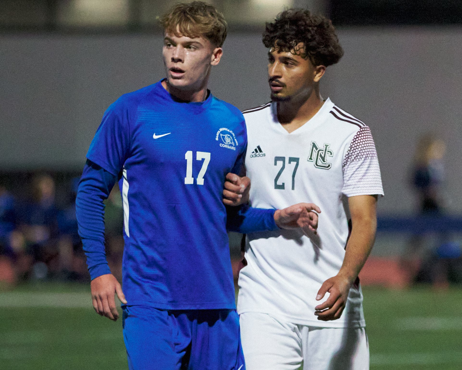  Santa Monica College Corsairs' Taj Winnard and Norco College Mustangs' Yahir Hernandez during the men's soccer match on Saturday, Nov. 19, 2022, at Corsair Field in Santa Monica, Calif. (Nicholas McCall | The Corsair) 