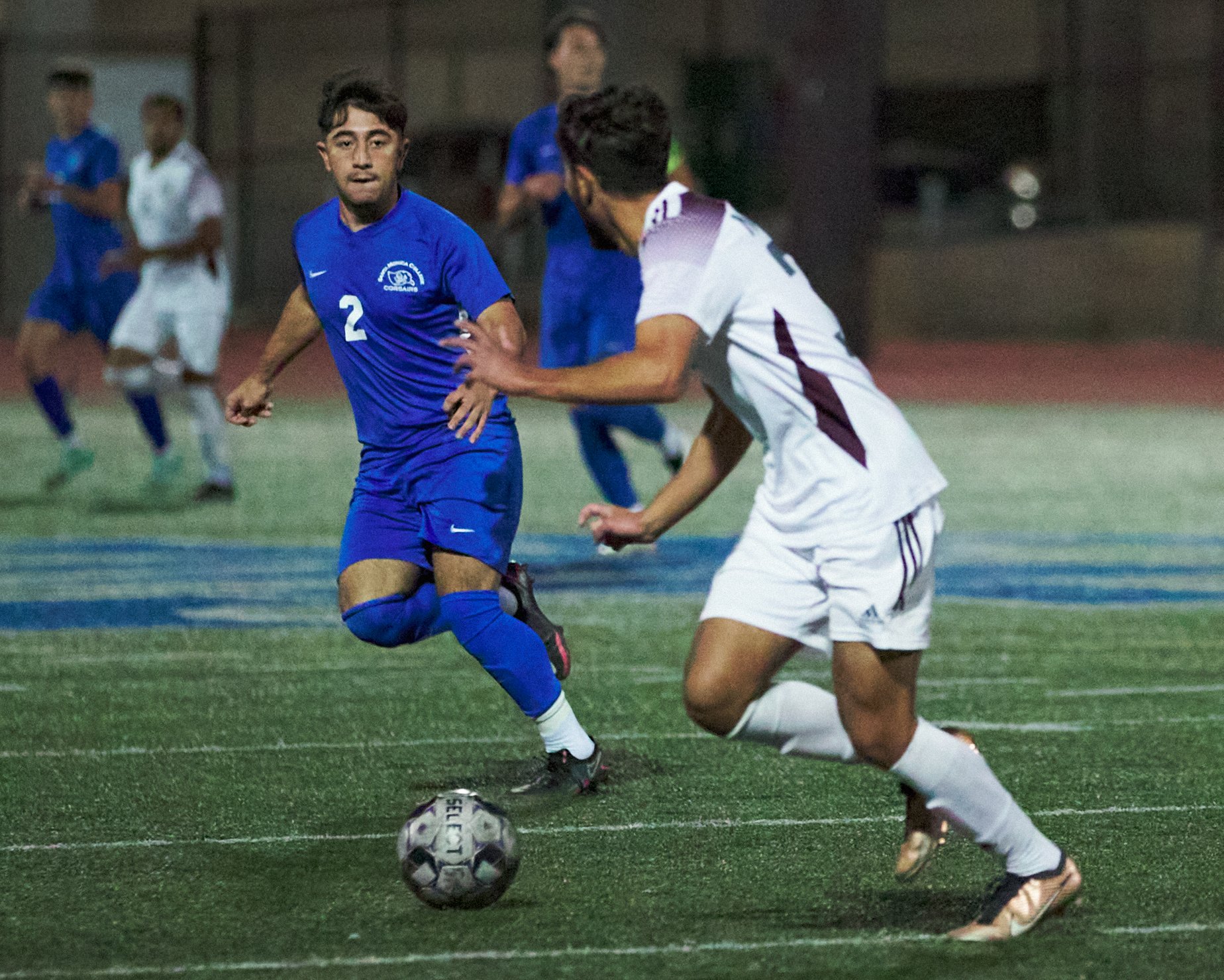  Santa Monica College Corsairs' Javier Mendoza and Norco College Mustangs' Amir Ghaffari during the men's soccer match on Saturday, Nov. 19, 2022, at Corsair Field in Santa Monica, Calif. (Nicholas McCall | The Corsair) 