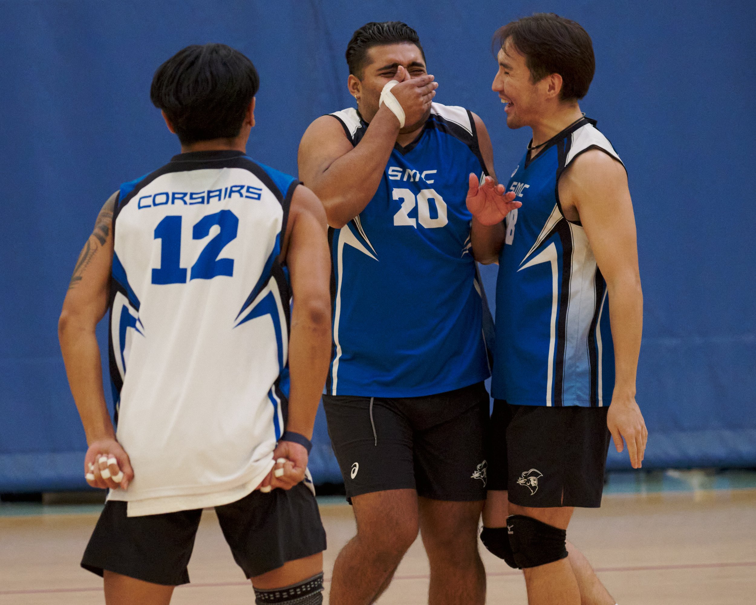  Santa Monica College Corsairs' Tylus Williams, Sergio Carrera, and Enkhtur Tserendavaa during the men's volleyball match against the Grossmont College Griffins on Wednesday, Feb. 15, 2023, at Corsair Gym in Santa Monica, Calif. The Corsairs won 3-0.