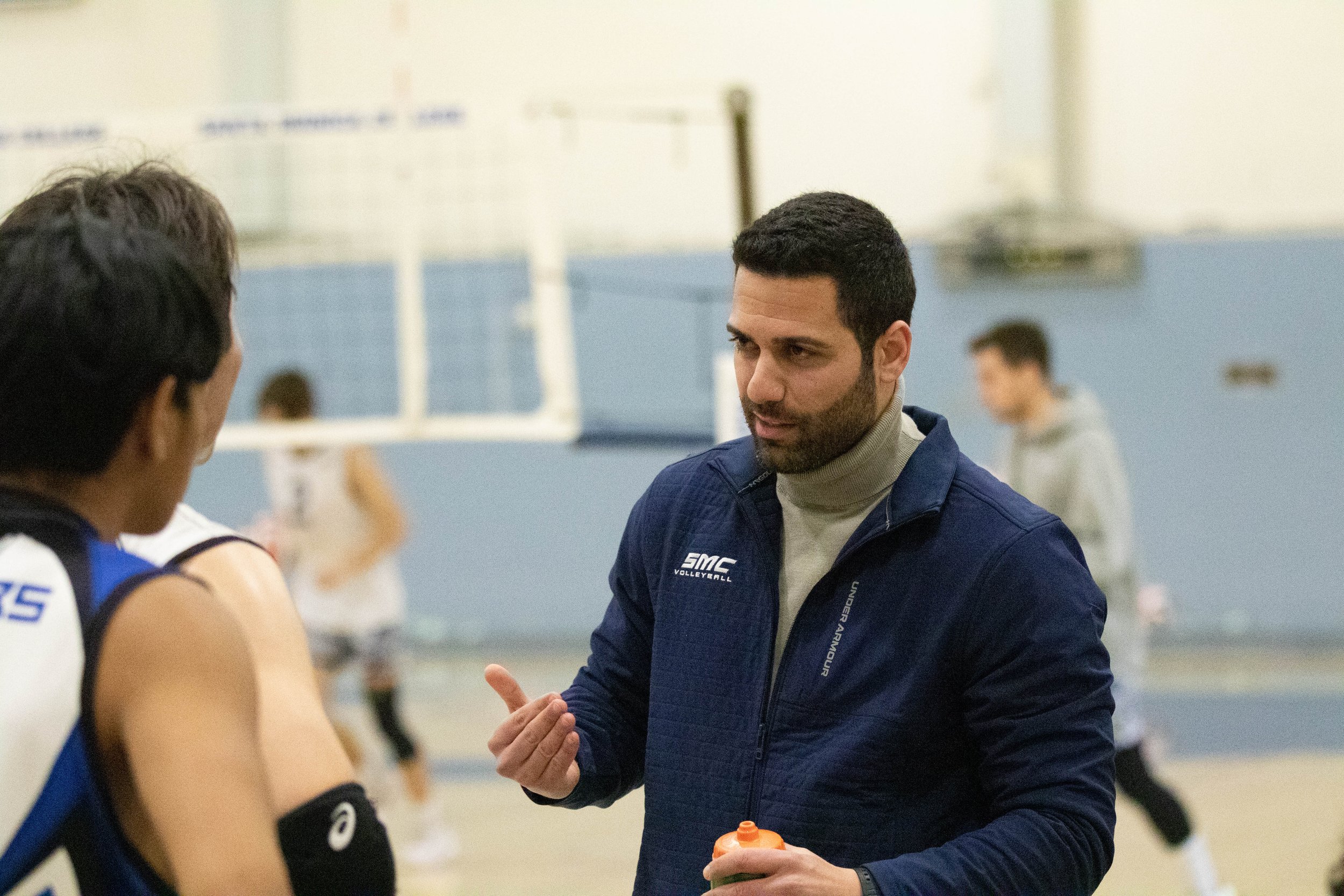  Santa Monica College Men's Volleyball head coach Liran Zamir speaking to the Corsairs during a timeout in the third set of a home game against Irvine Valley College Lasers in Santa Monica, Calif., on Friday, Feb. 24, 2023. The match ended with the C