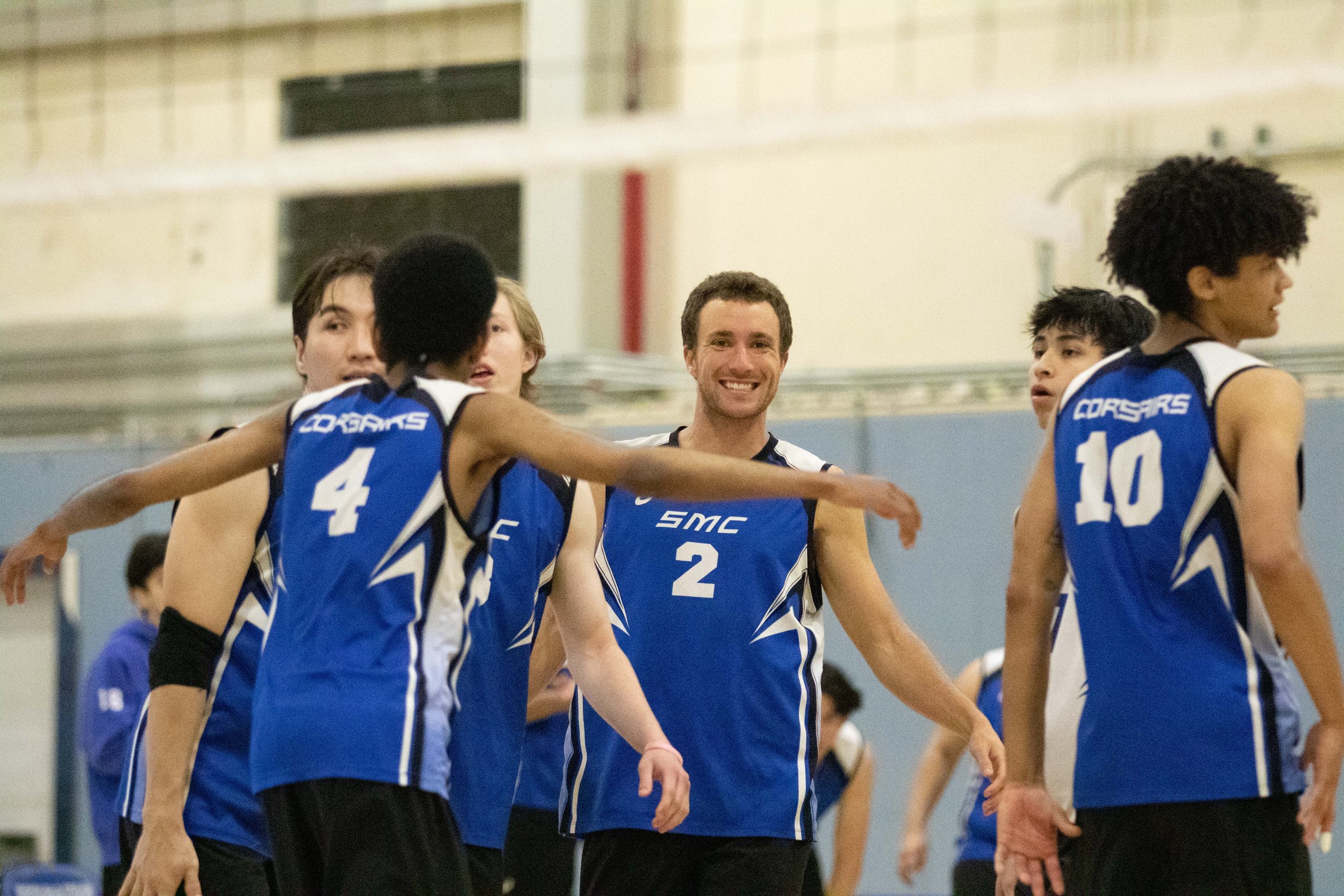 Santa Monica College Corsair outside hitter Kane Schwengel (2) goes in for a huddle during the third set of a home game against Irvine Valley College Lasers in Santa Monica, Calif., on Friday, Feb. 24, 2023. The match ended with the Corsairs' defeat